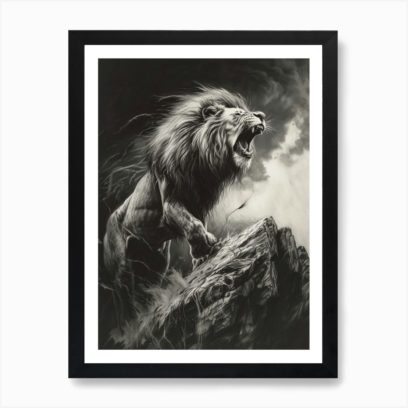 Barbary Lion Charcoal Drawing Roari Framed Wall Art Poster Canvas Print Picture