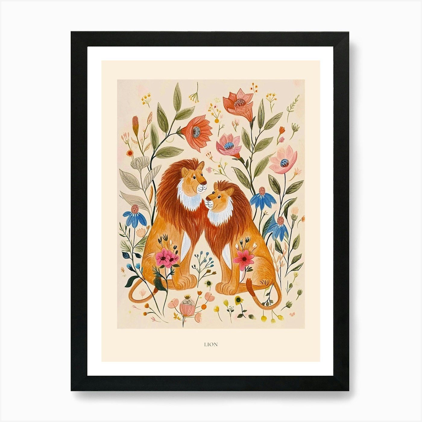 Folksy Floral Animal Drawing Lion 4 Framed Wall Art Poster Canvas Print Picture