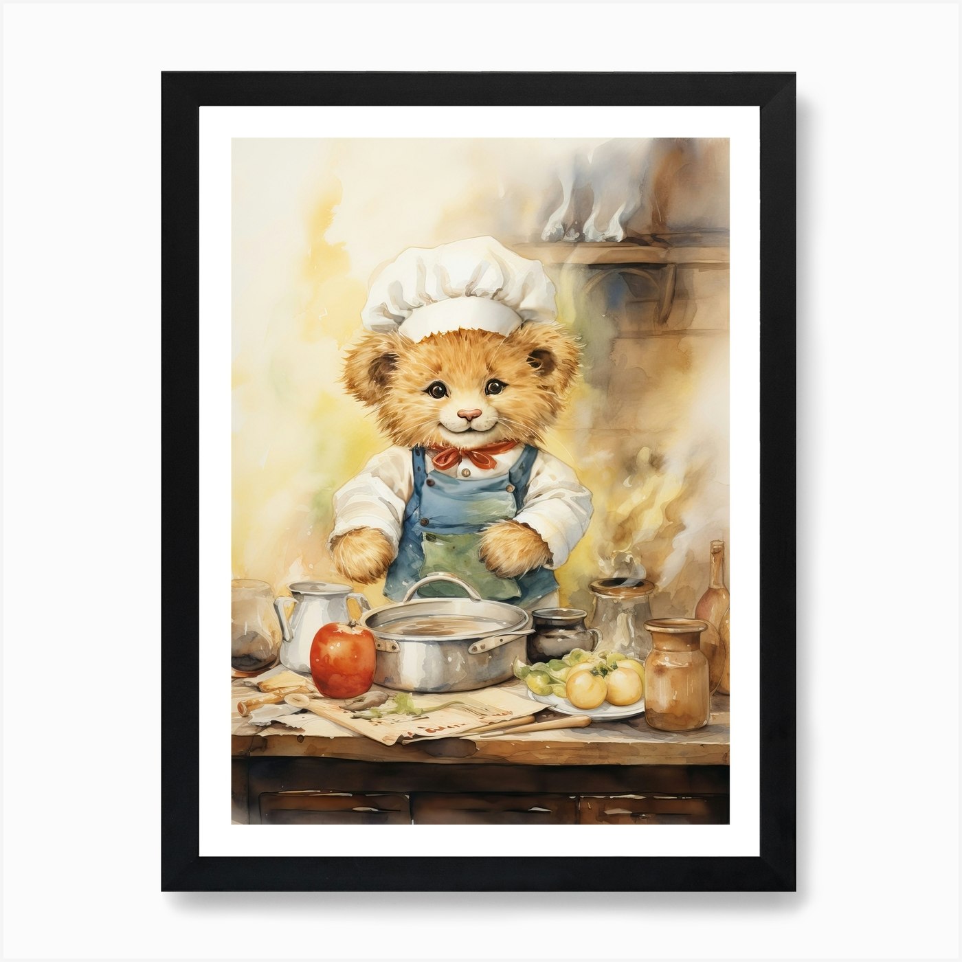 Cooking Watercolour Lion Art Painti Framed Wall Art Poster Canvas Print Picture