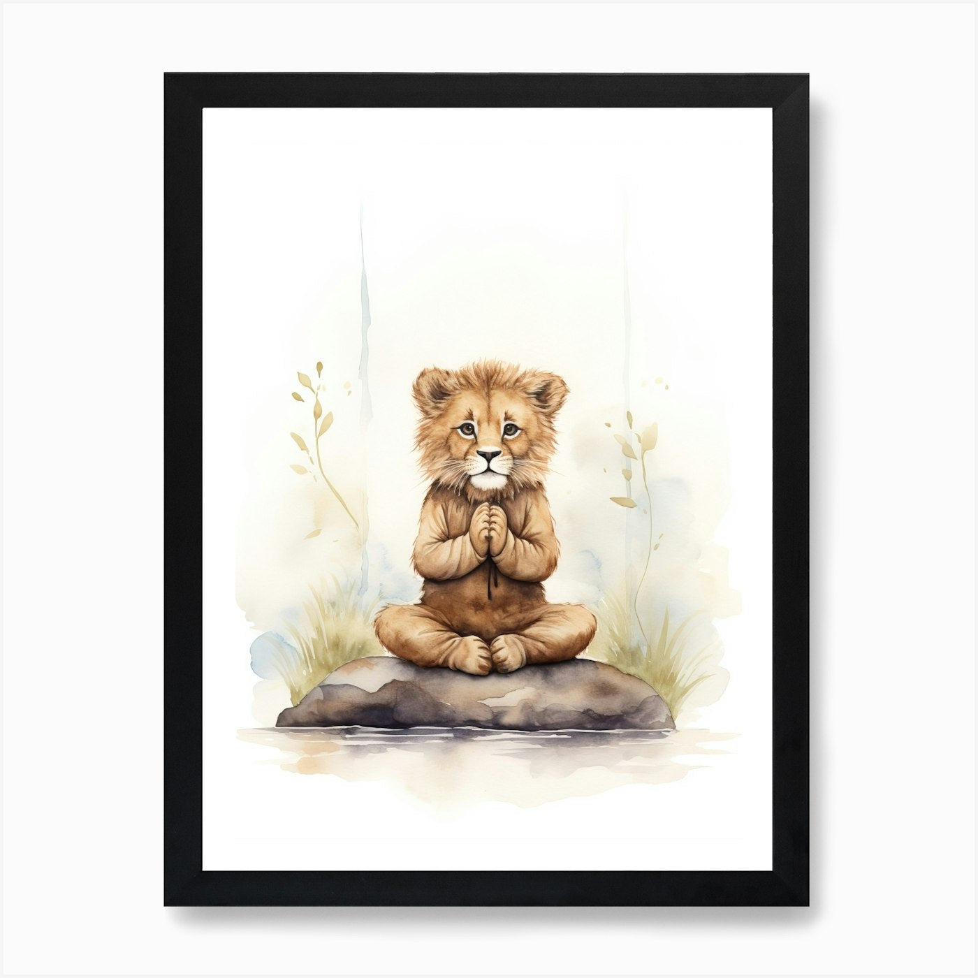 Meditating Watercolour Lion Art Pai Framed Wall Art Poster Canvas Print Picture