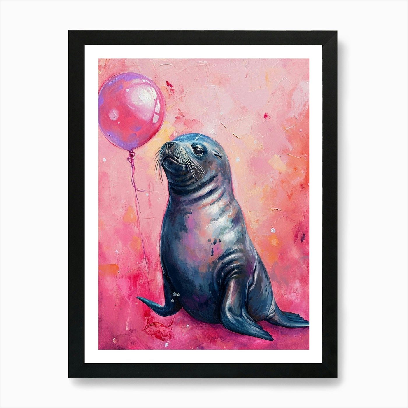Cute Sea Lion 1 With Balloon Art Pr Framed Wall Art Poster Canvas Print Picture