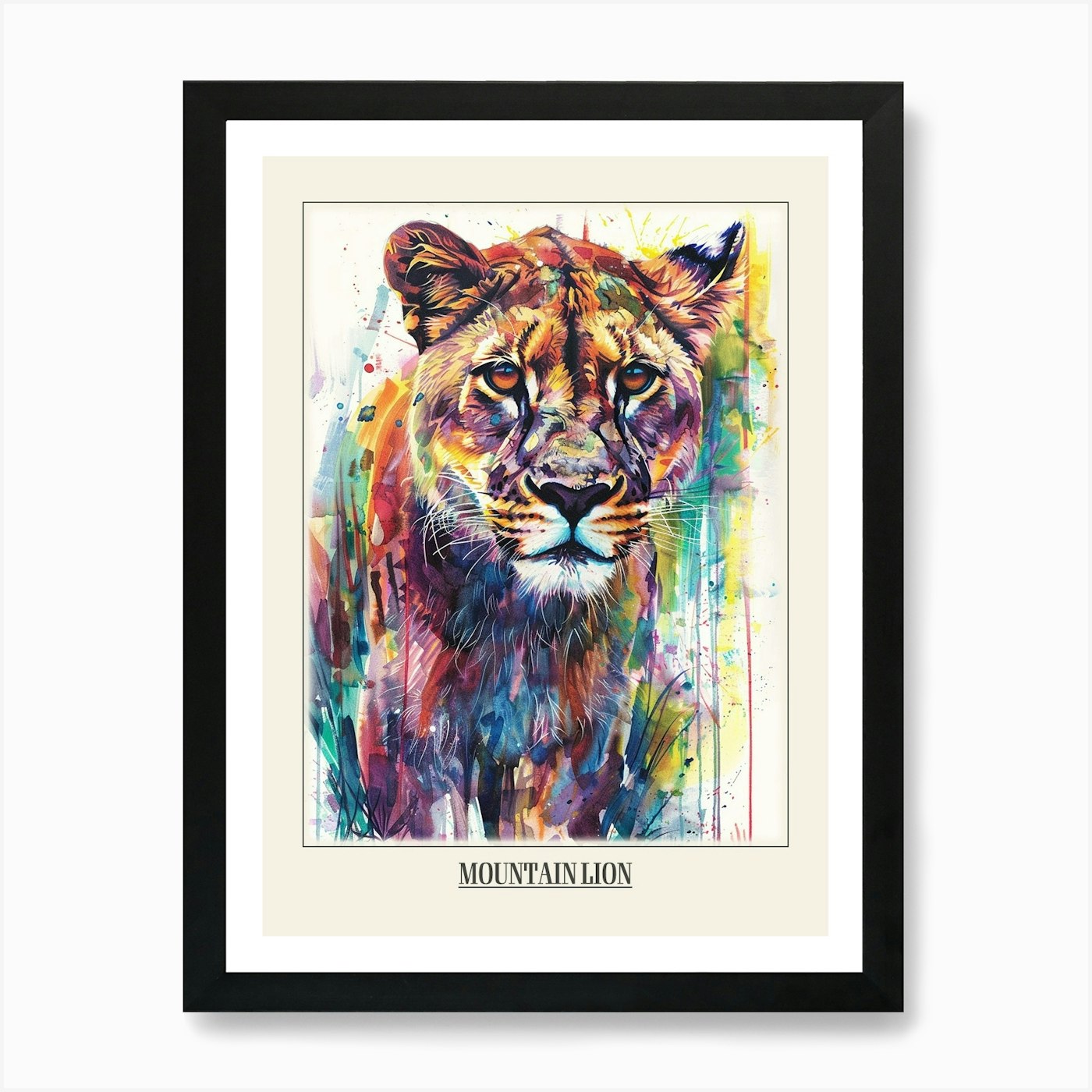 Mountain Lion Colourful Watercolour Framed Wall Art Poster Canvas Print Picture