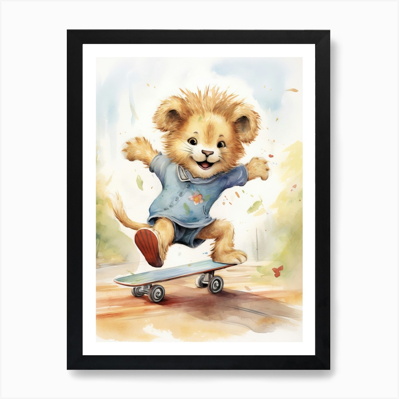 Skateboarding Watercolour Lion Art Framed Wall Art Poster Canvas Print Picture