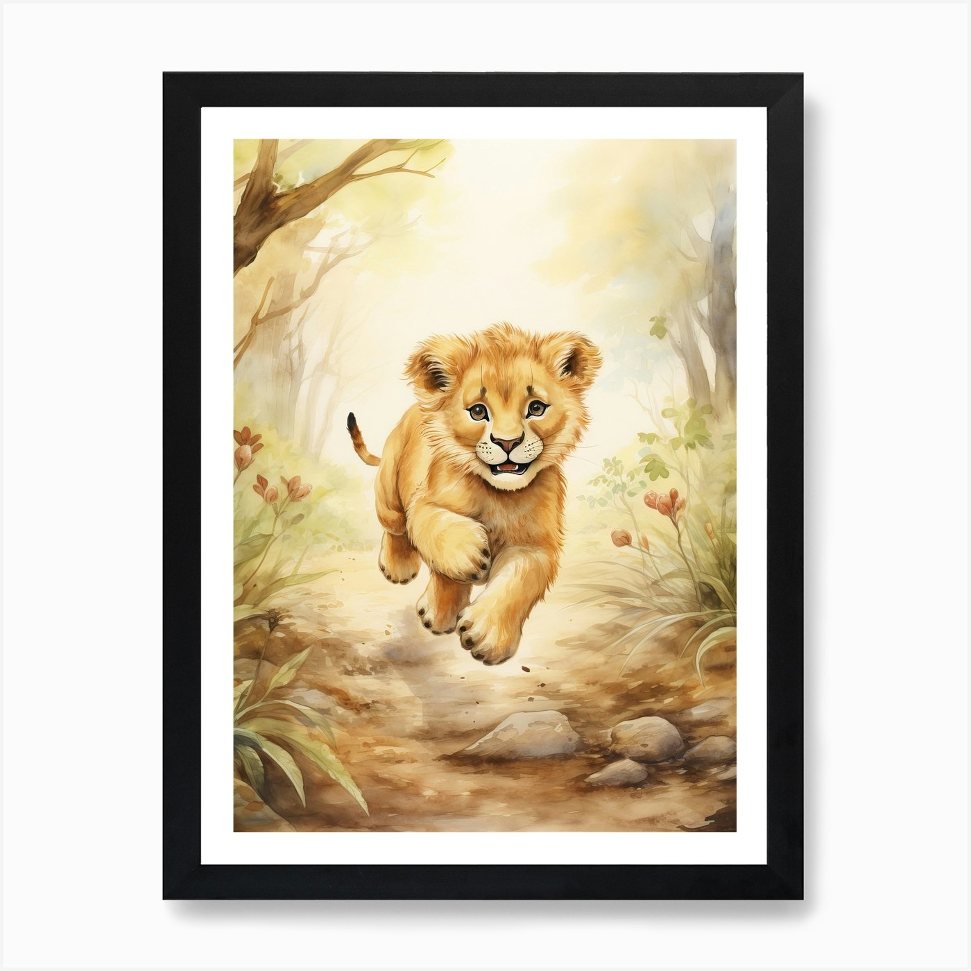 Running Watercolour Lion Art Painti Framed Wall Art Poster Canvas Print Picture