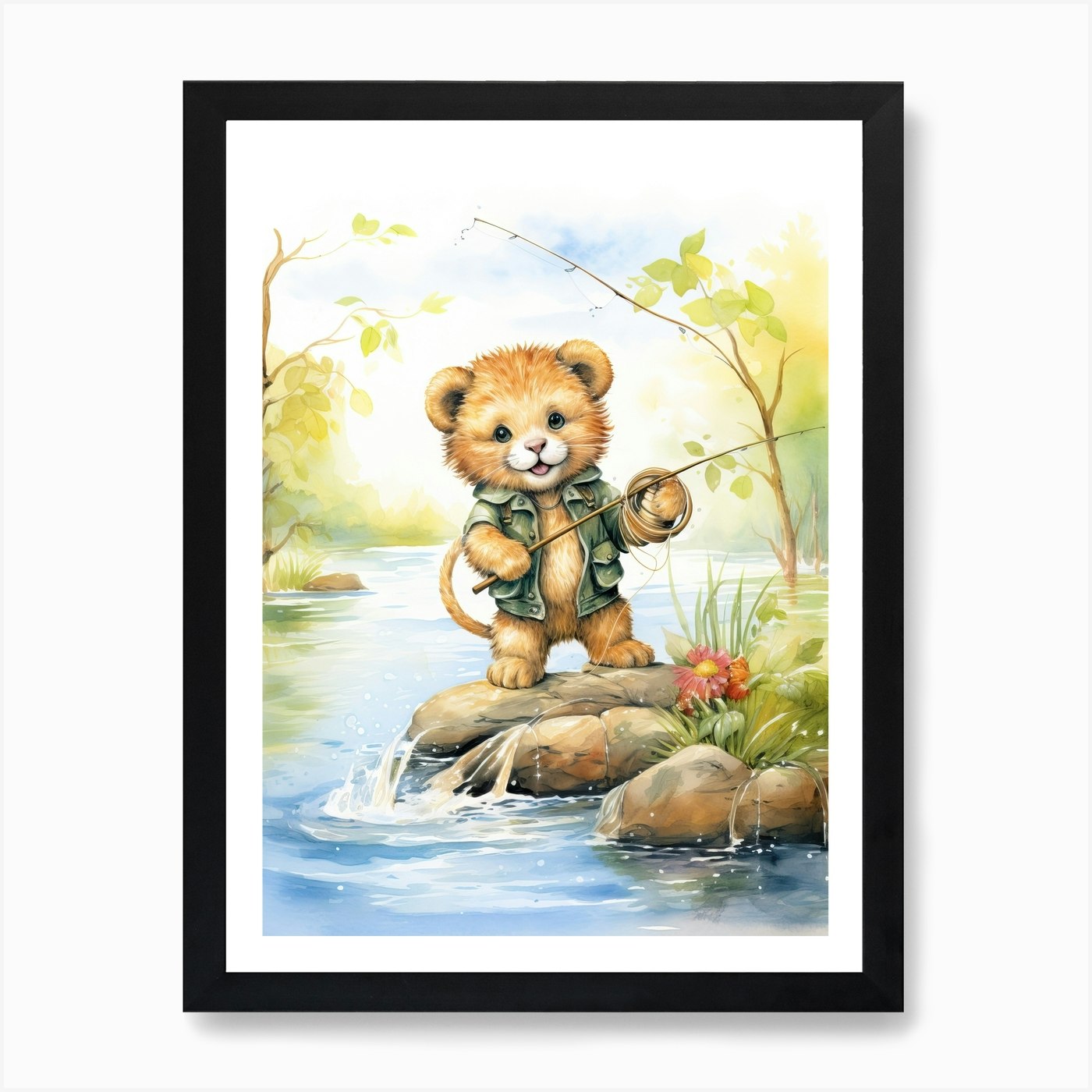 Fishing Watercolour Lion Art Painti Framed Wall Art Poster Canvas Print Picture