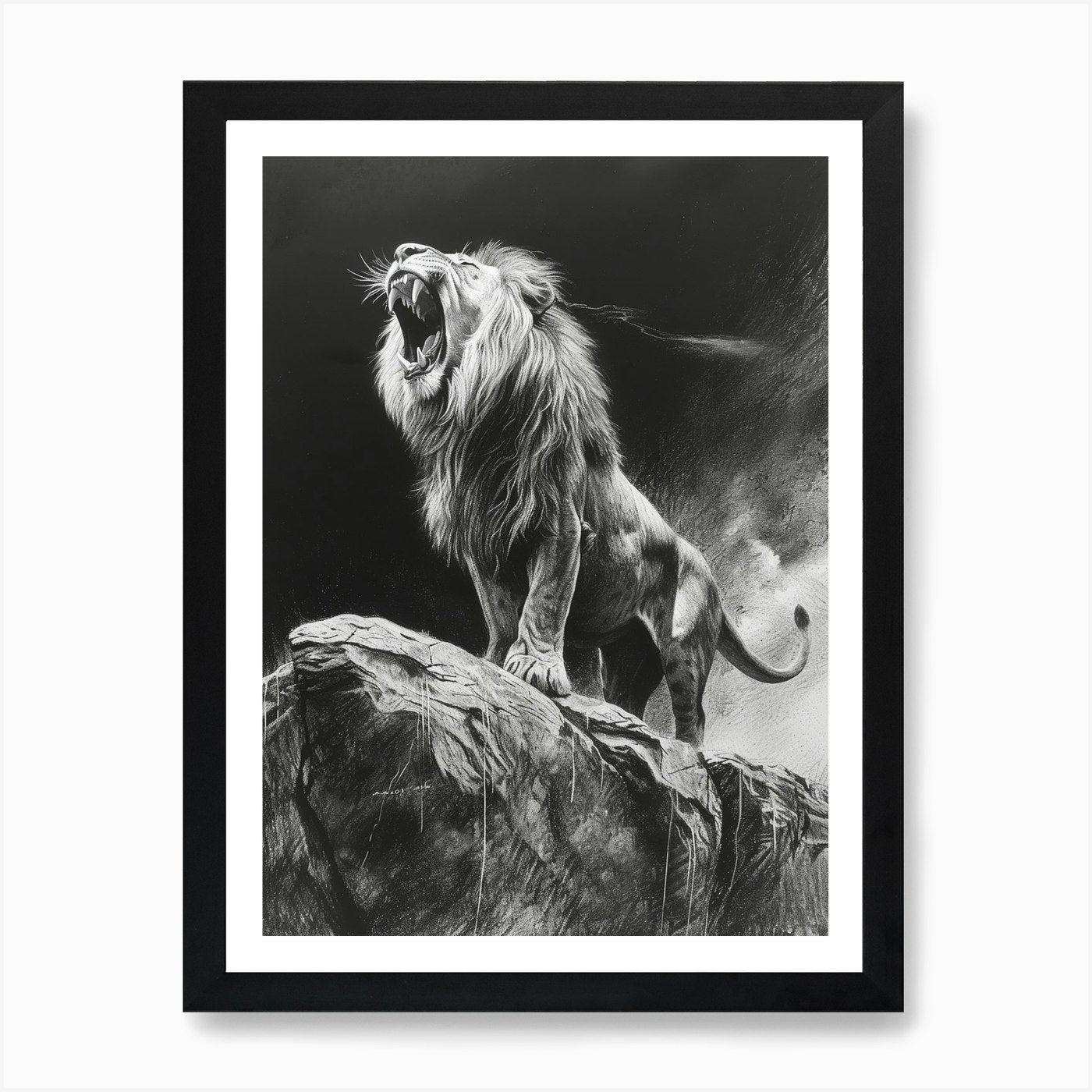 African Lion Charcoal Drawing Roari Framed Wall Art Poster Canvas Print Picture