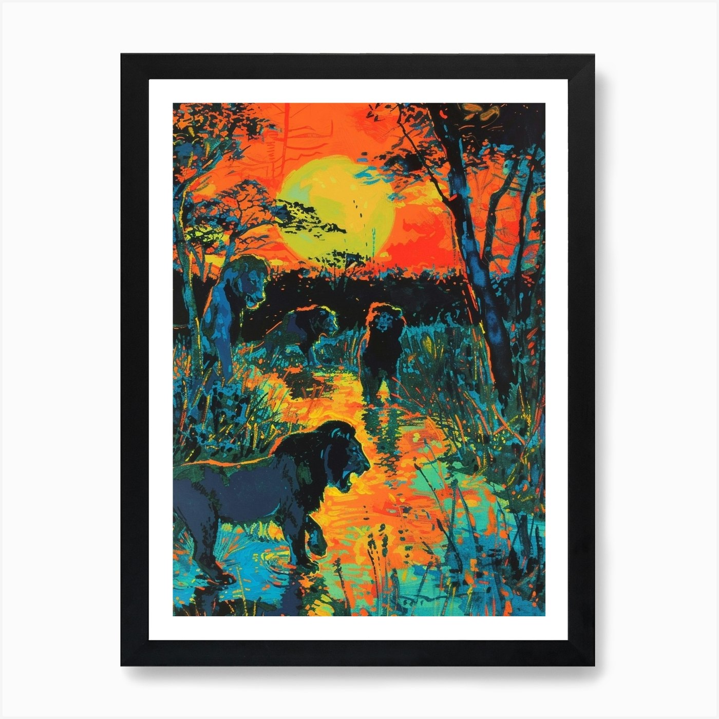 Transvaal Lion Night Hunt Fauvist P Framed Wall Art Poster Canvas Print Picture