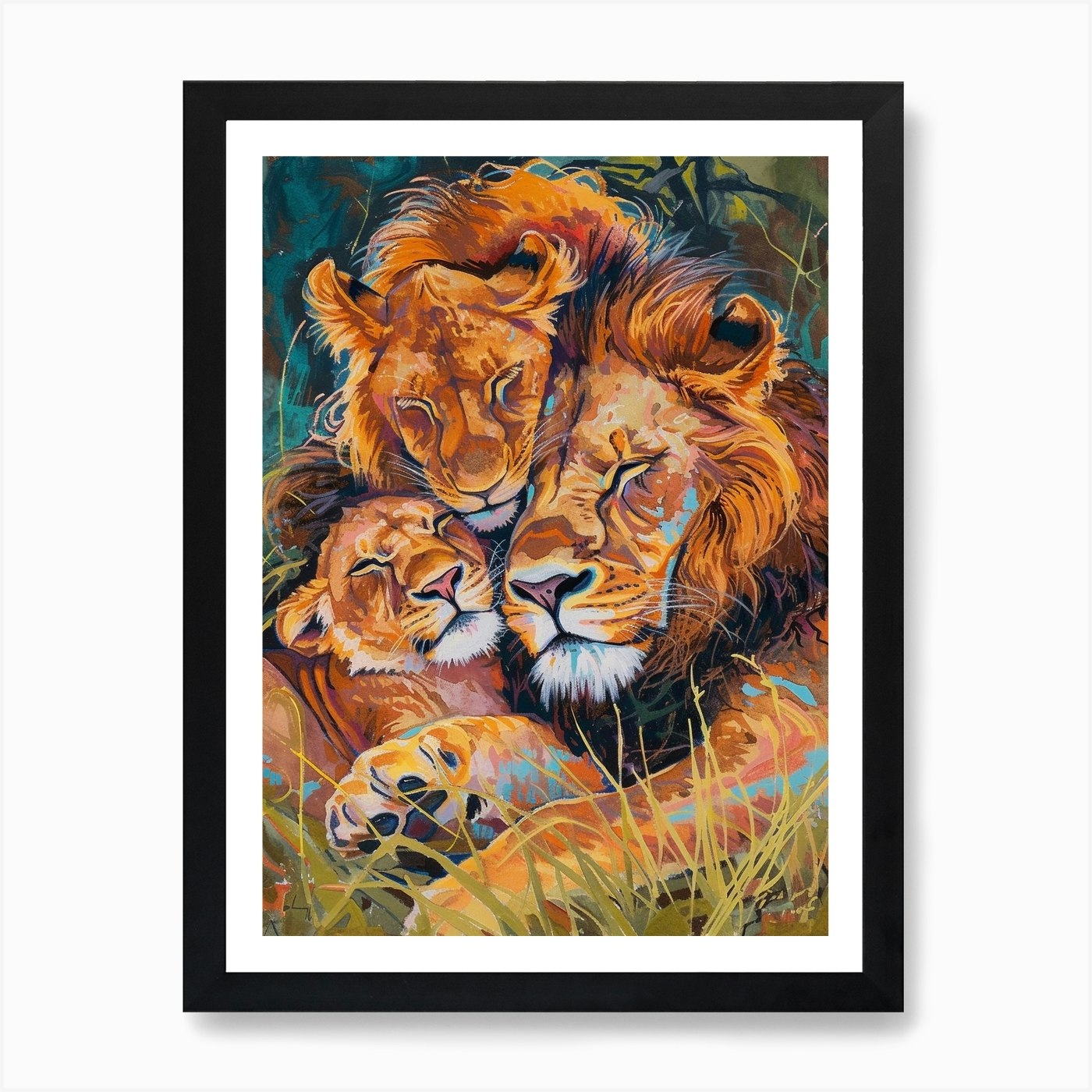 Transvaal Lion Family Bonding Fauvi Framed Wall Art Poster Canvas Print Picture