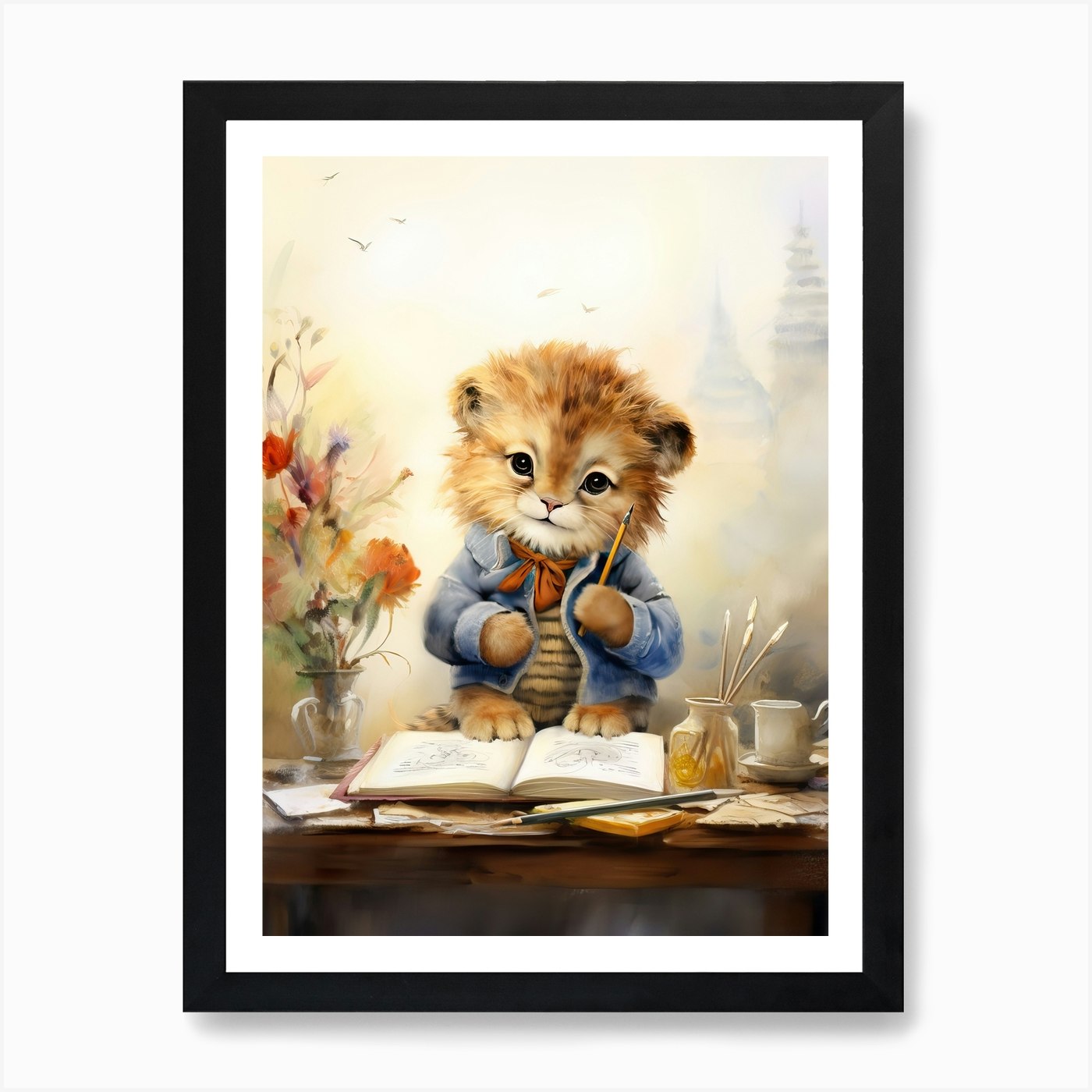 Writing Watercolour Lion Art Painti Framed Wall Art Poster Canvas Print Picture