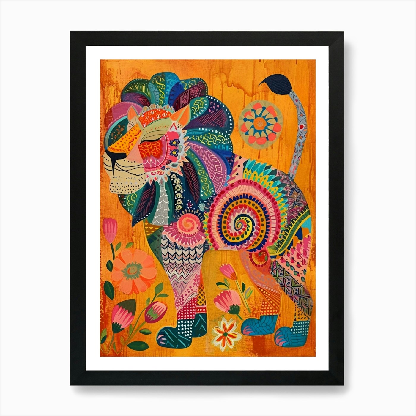 Folk Pattern Lion 3 Art Print Framed Wall Art Poster Canvas Print Picture
