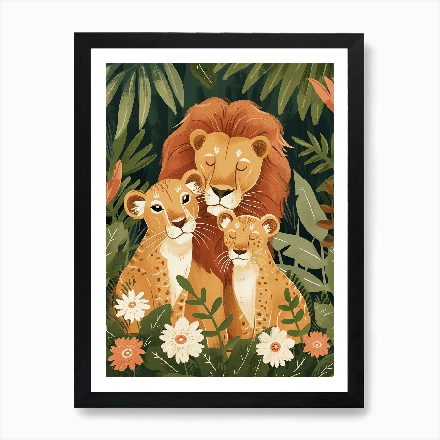 African Lion Family Bonding Illustr Framed Wall Art Poster Canvas Print Picture