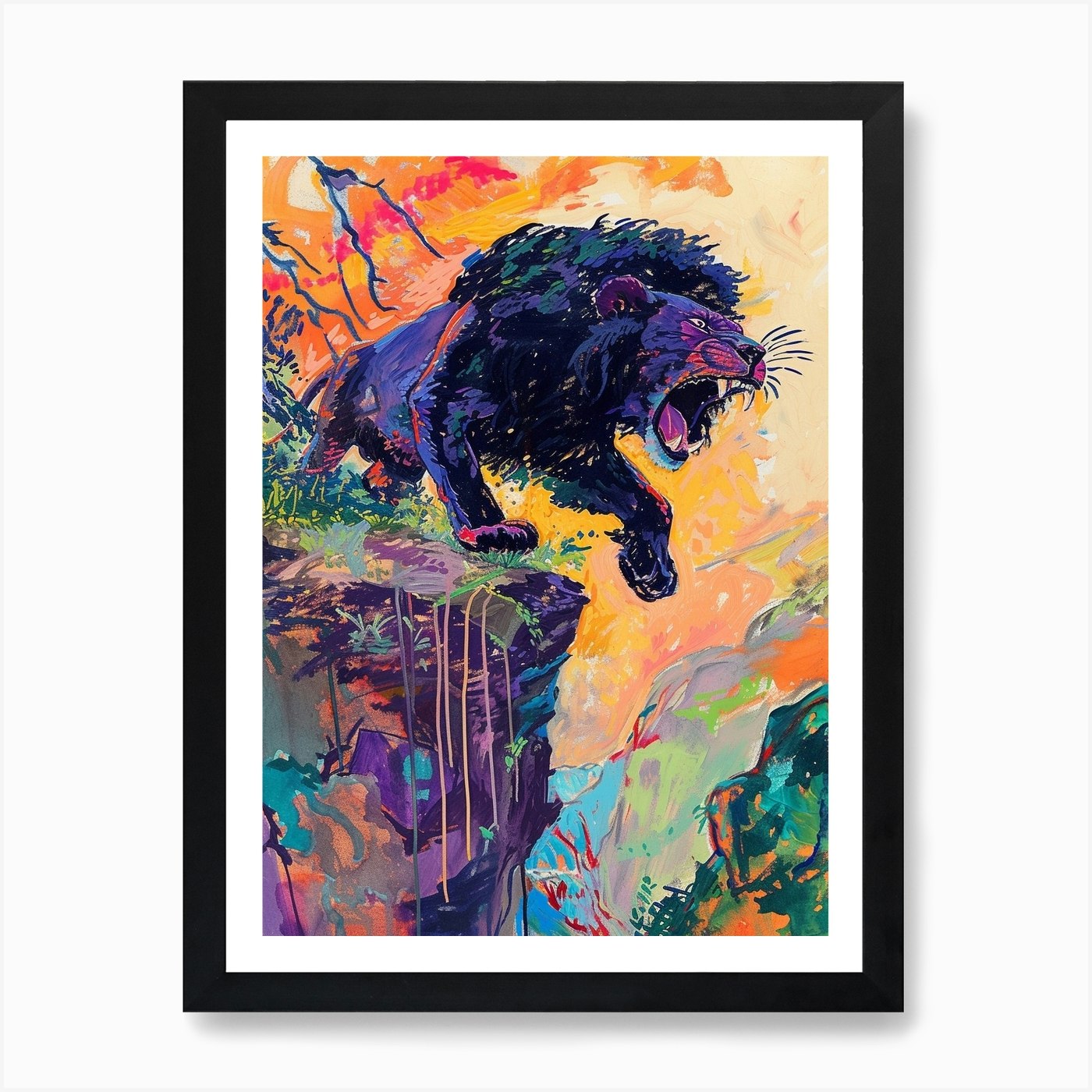 Black Lion Roaring On A Cliff Fauvi Framed Wall Art Poster Canvas Print Picture