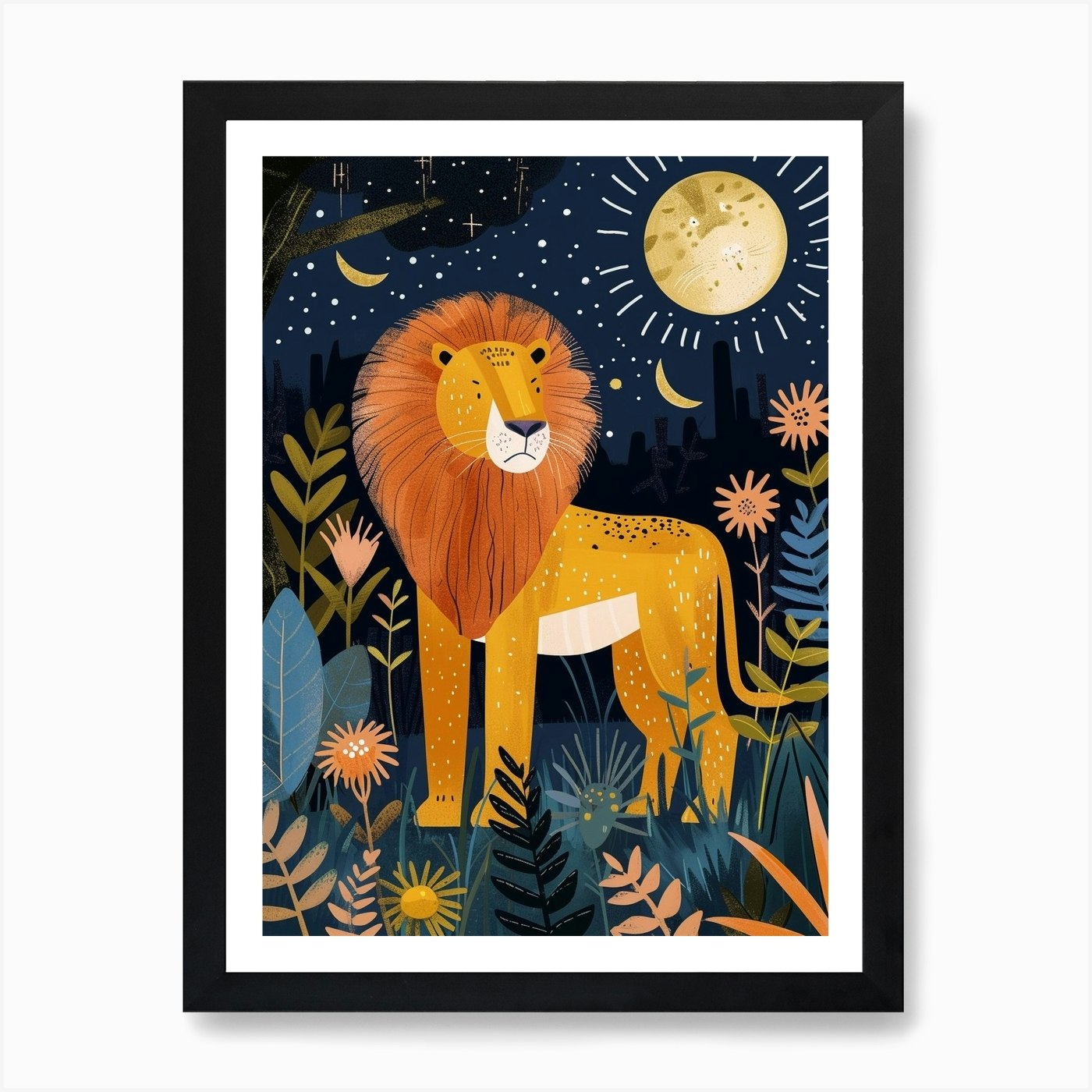 African Lion Night Hunt Illustratio Framed Wall Art Poster Canvas Print Picture