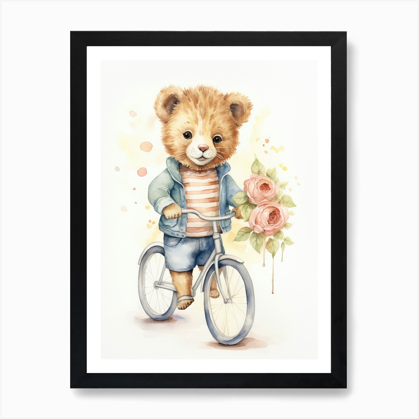 Biking Watercolour Lion Art Paintin Framed Wall Art Poster Canvas Print Picture