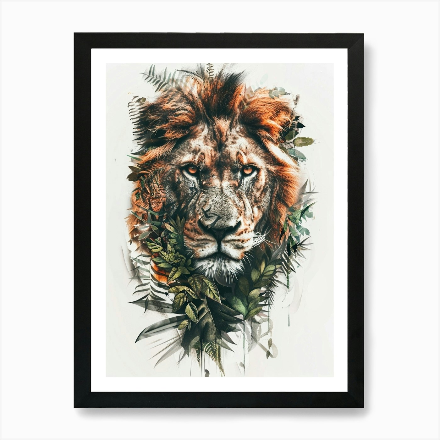 Double Exposure Realistic Lion With Framed Wall Art Poster Canvas Print Picture