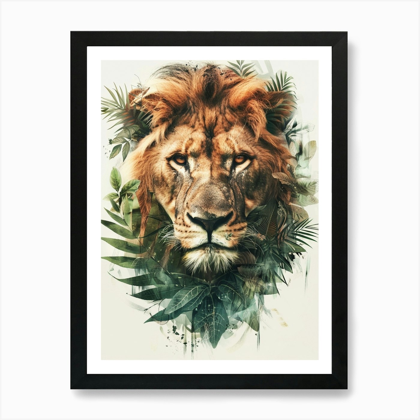 Double Exposure Realistic Lion With Framed Wall Art Poster Canvas Print Picture