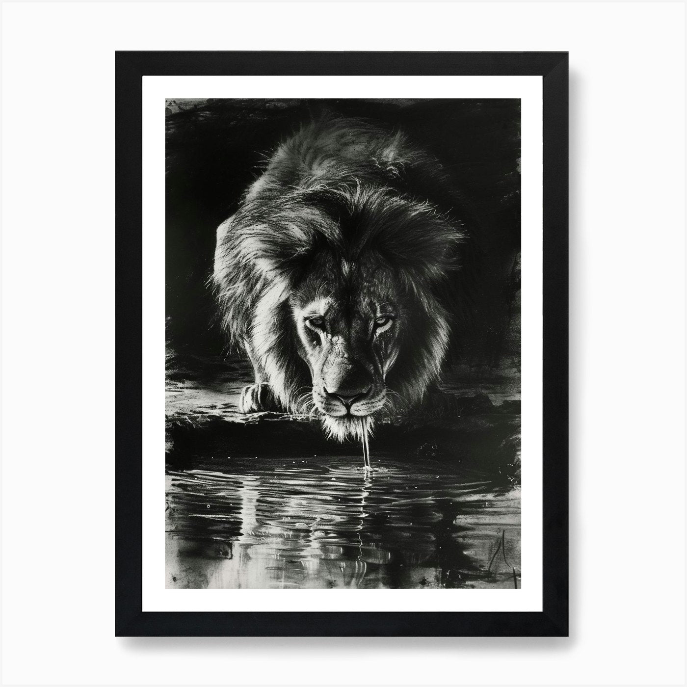 Barbary Lion Charcoal Drawing Drink Framed Wall Art Poster Canvas Print Picture