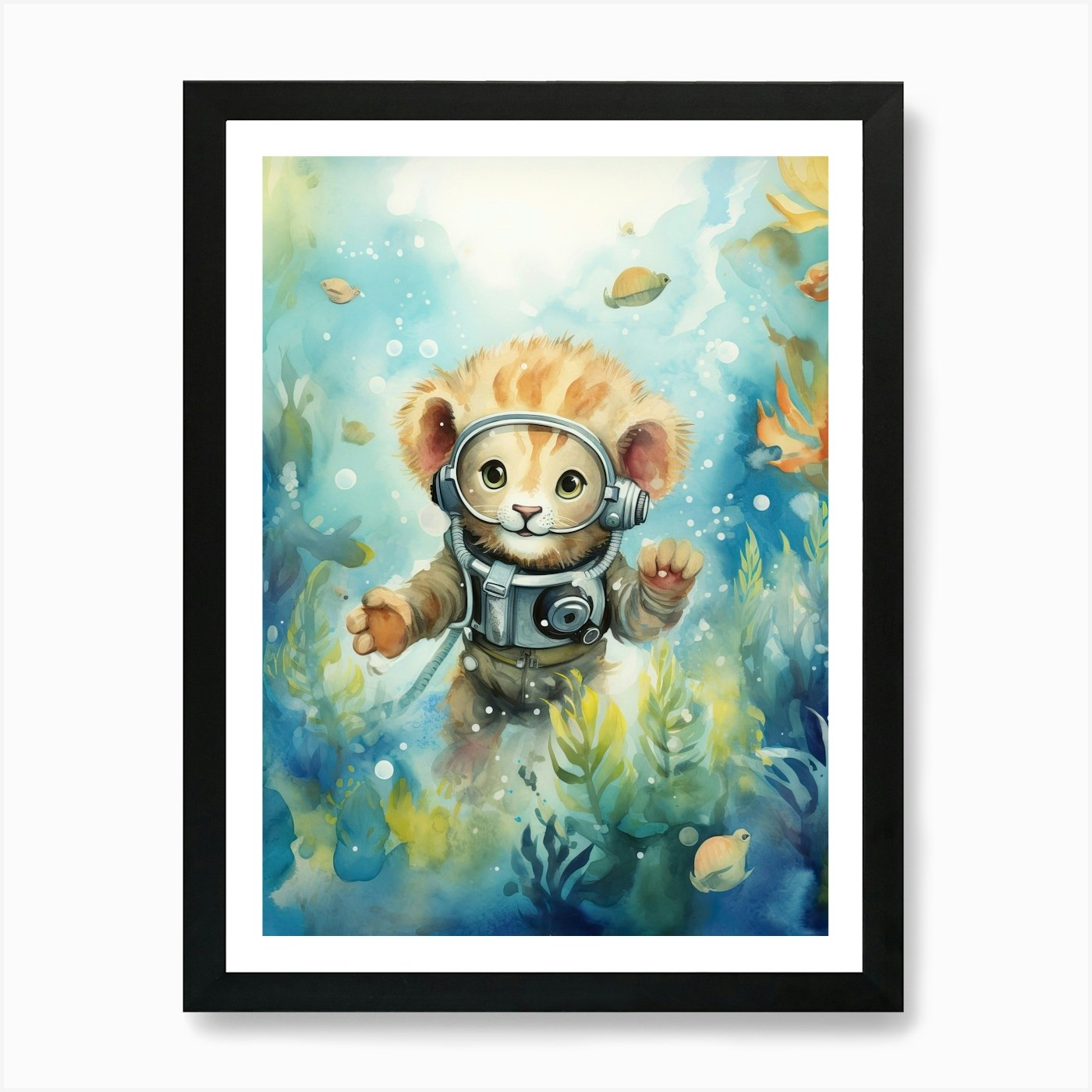 Scuba Diving Watercolour Lion Art P Framed Wall Art Poster Canvas Print Picture