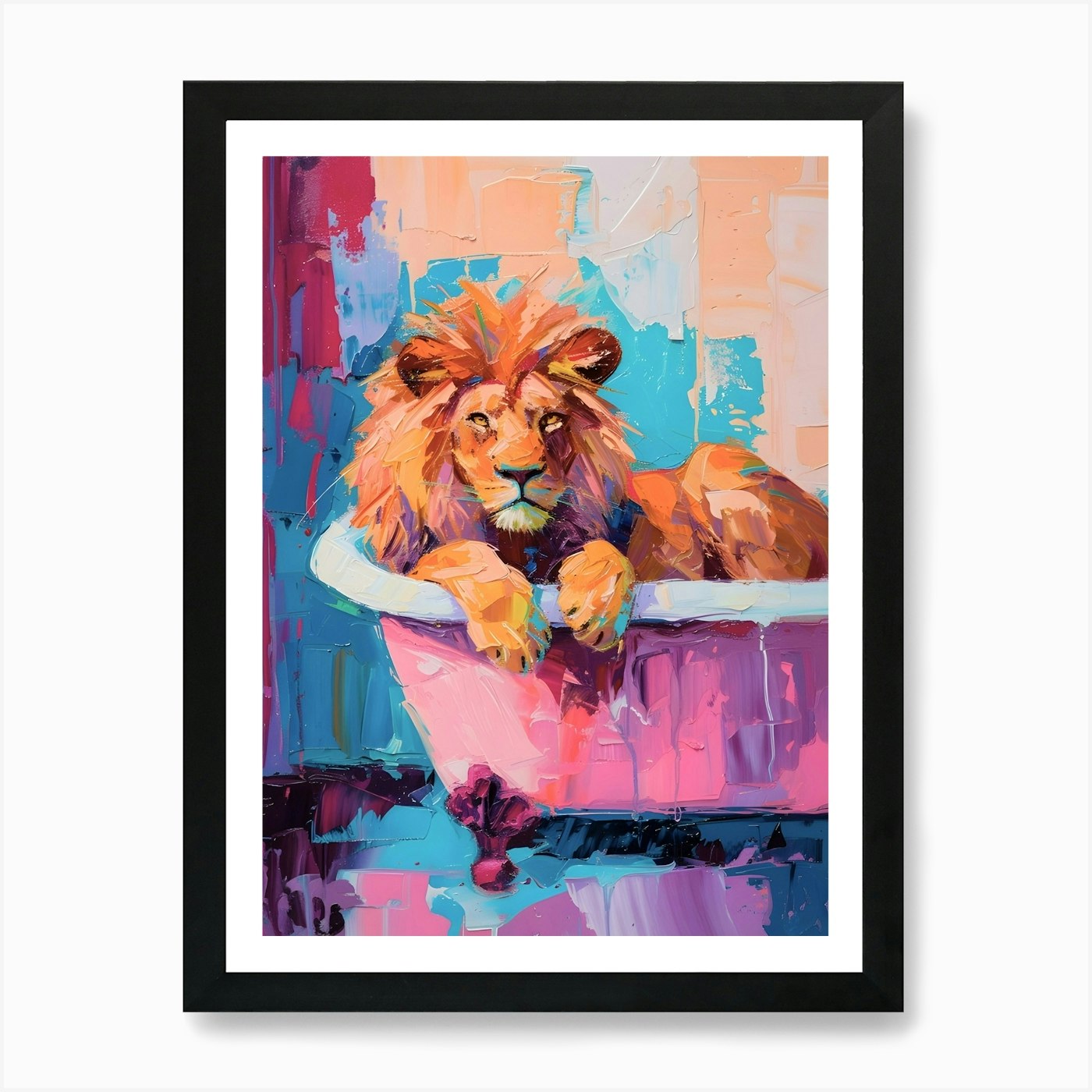 Lion In Bath Art Print Framed Wall Art Poster Canvas Print Picture