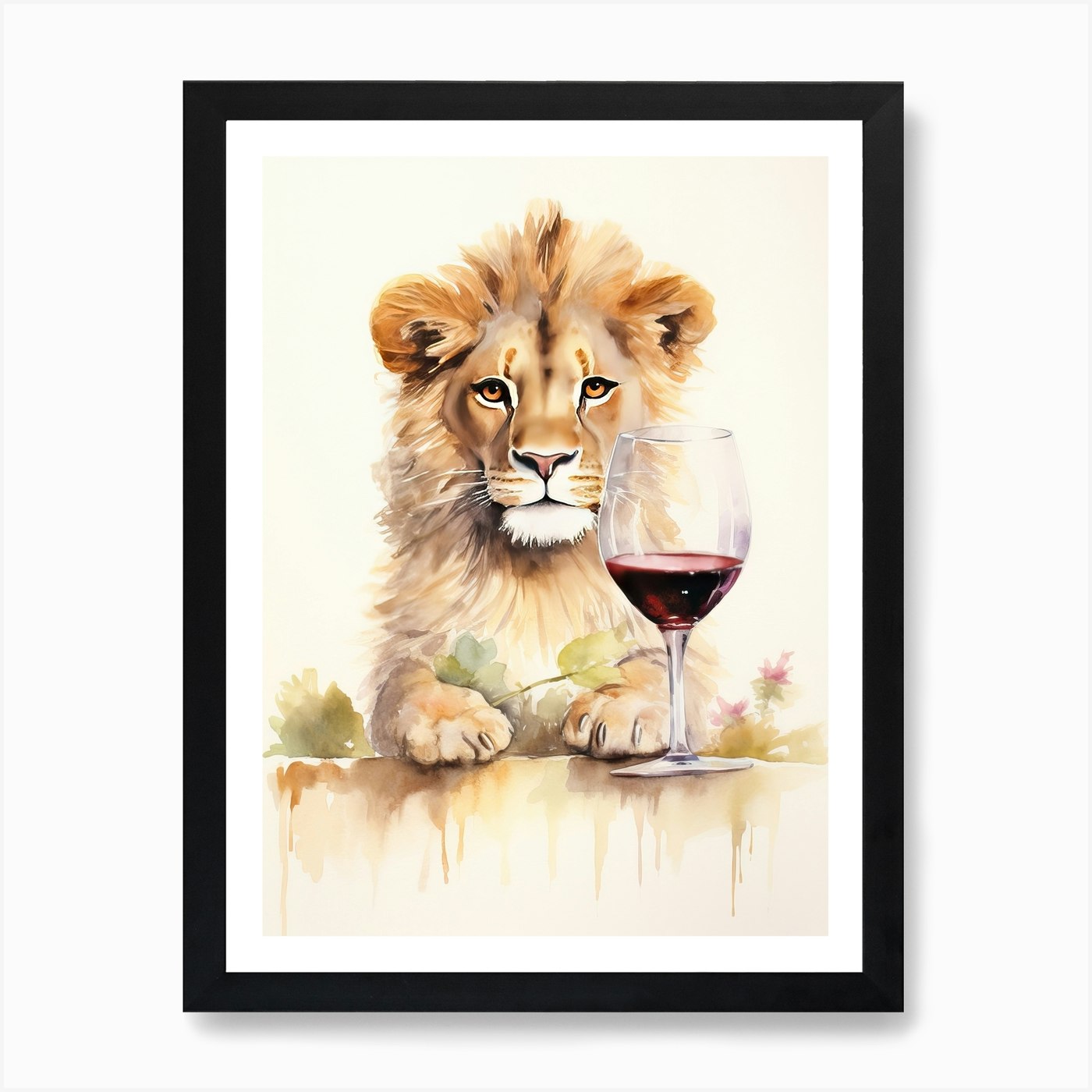 Tasting Wine Watercolour Lion Art P Framed Wall Art Poster Canvas Print Picture