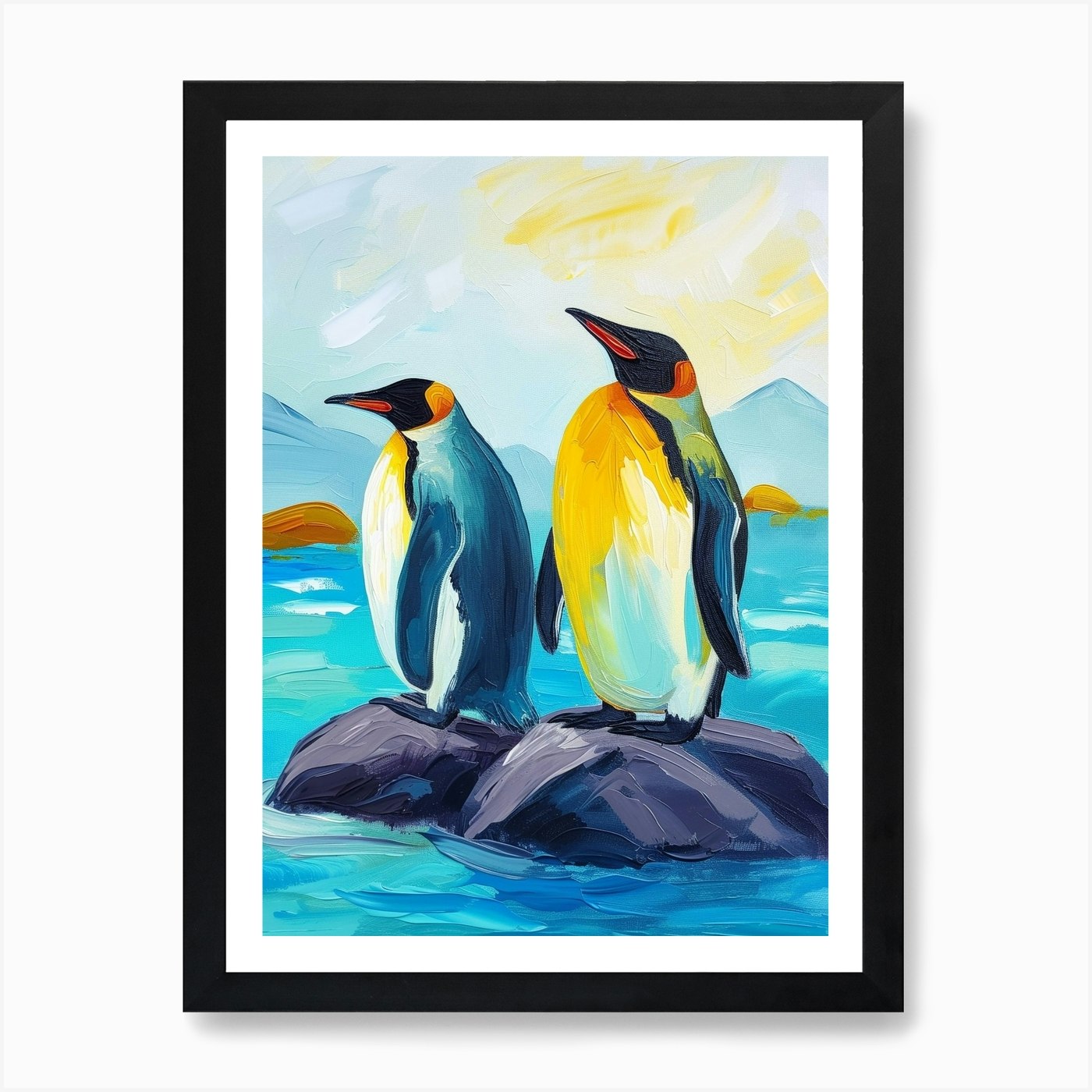 King Penguin Sea Lion Island Colour Framed Wall Art Poster Canvas Print Picture