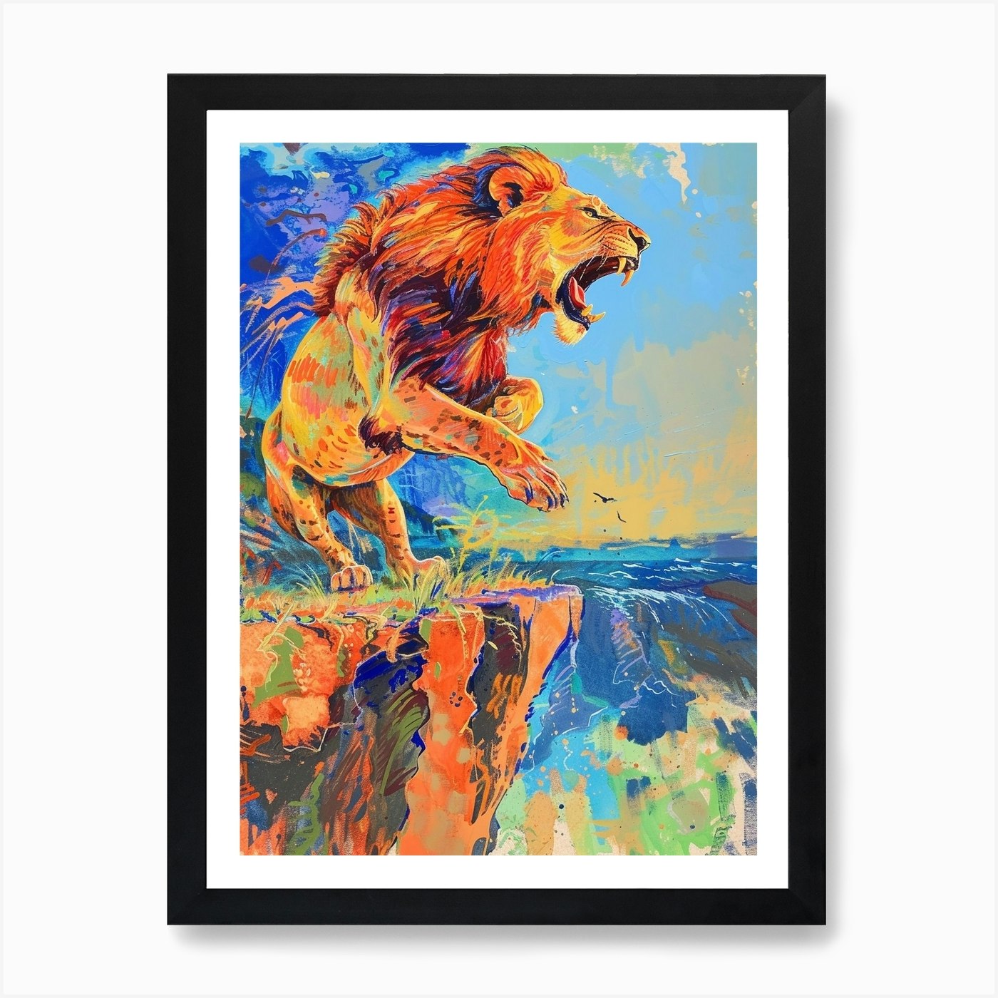 Southwest African Lion Roaring On A Framed Wall Art Poster Canvas Print Picture