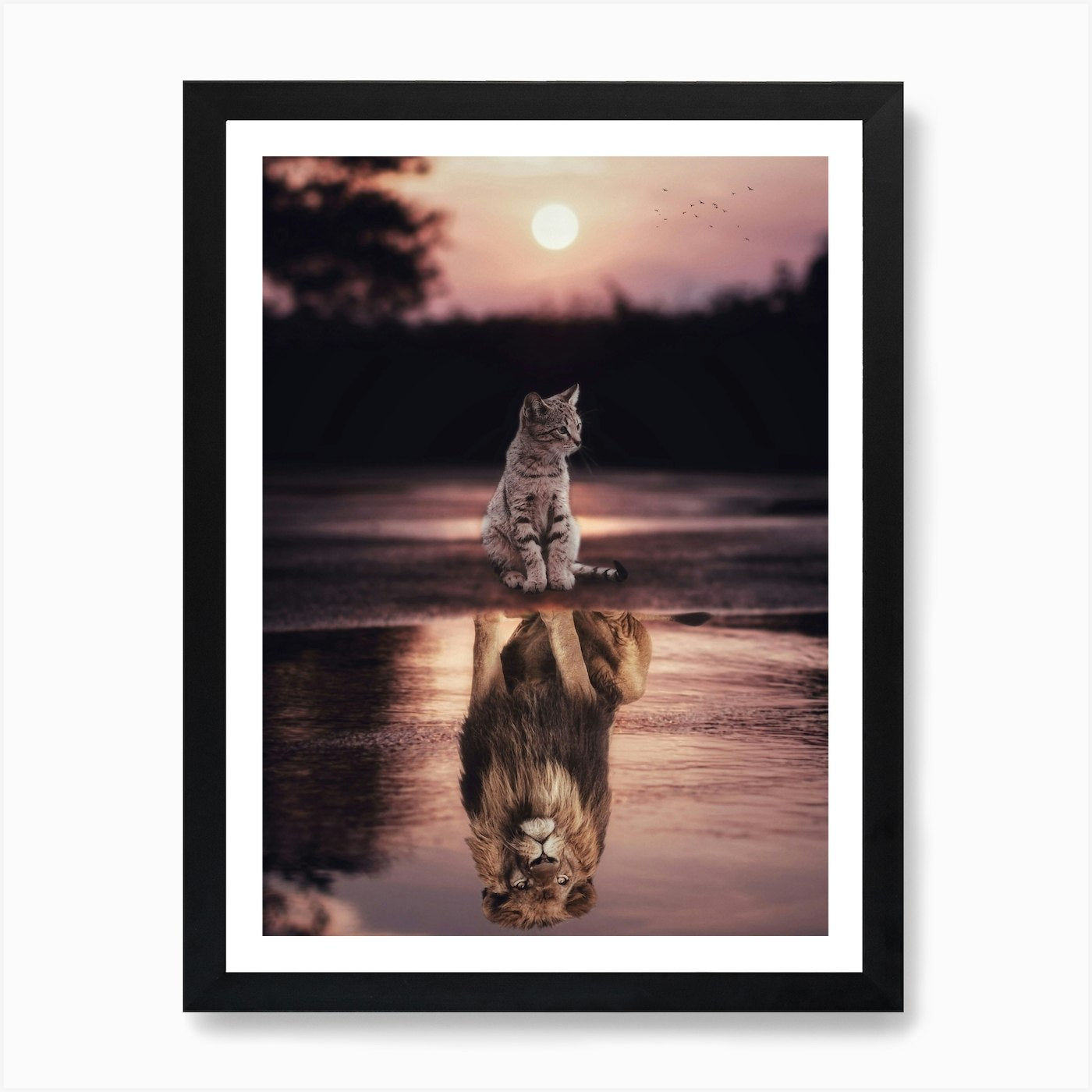 Cats Are Lions Puddle Miror Art Pri Framed Wall Art Poster Canvas Print Picture