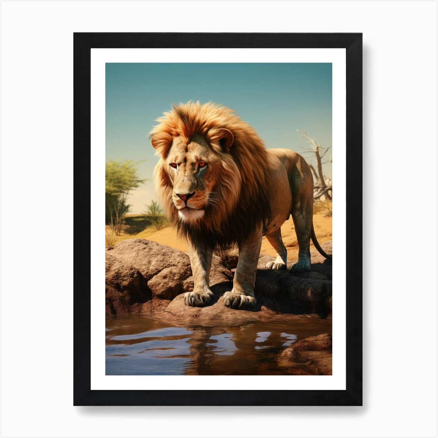 African Lion Drinking From A Stream Framed Wall Art Poster Canvas Print Picture