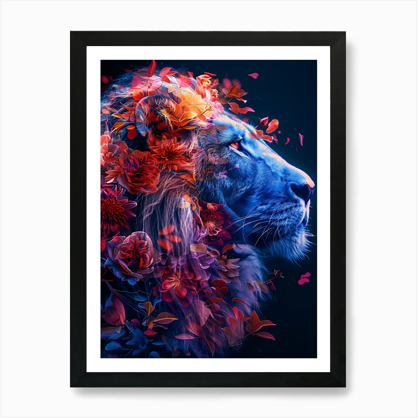 Lion With Flowers 4 Art Print Framed Wall Art Poster Canvas Print Picture