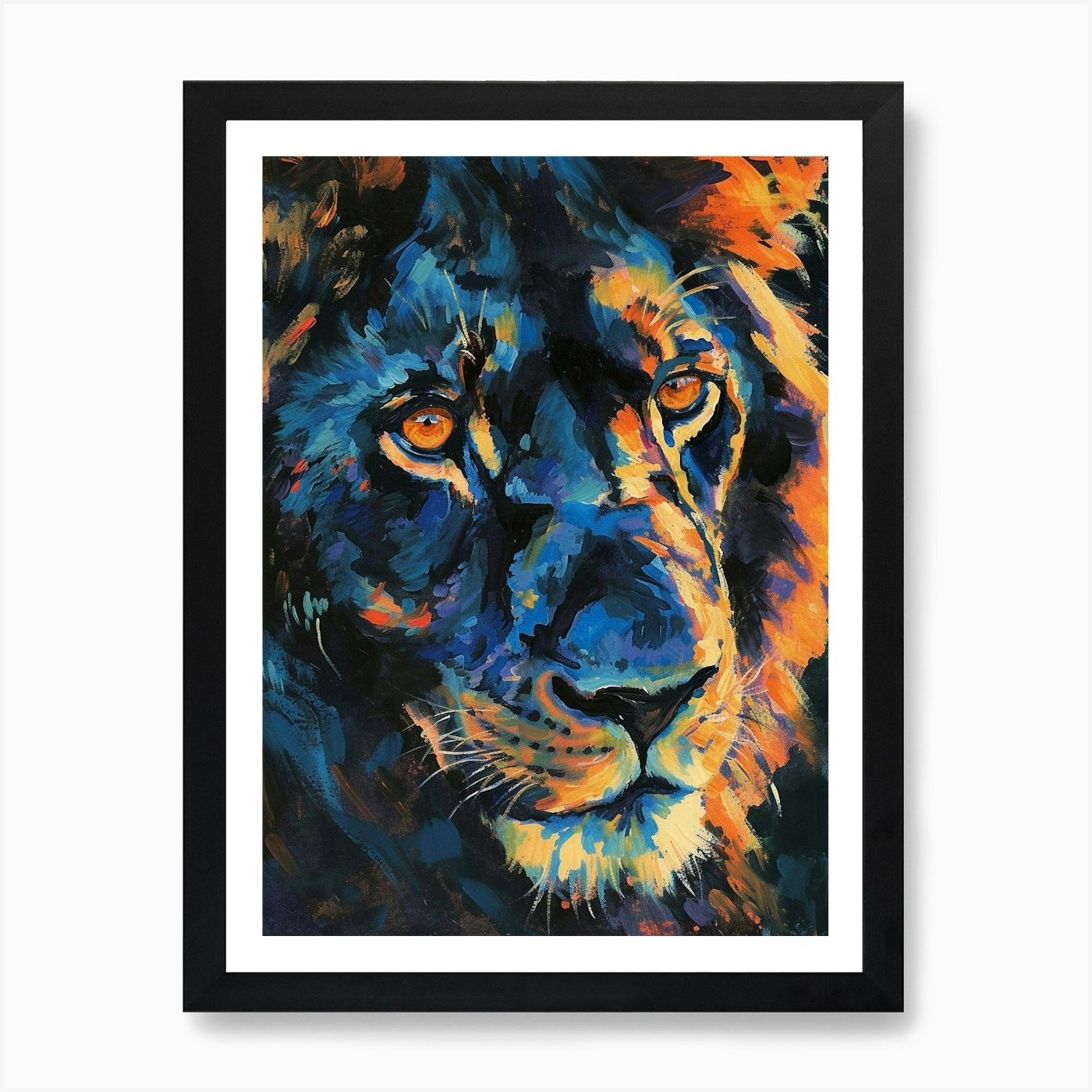 Black Lion Portrait Close Up Fauvis Framed Wall Art Poster Canvas Print Picture