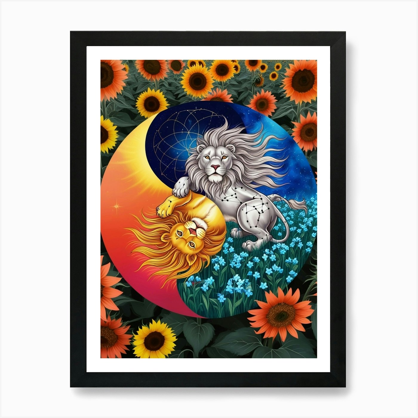 Lion And Sunflowers 1 Art Print Framed Wall Art Poster Canvas Print Picture