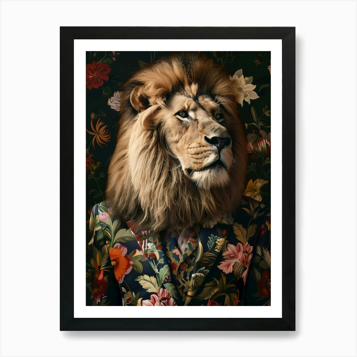 Lion In Floral Suit Art Print Framed Wall Art Poster Canvas Print Picture