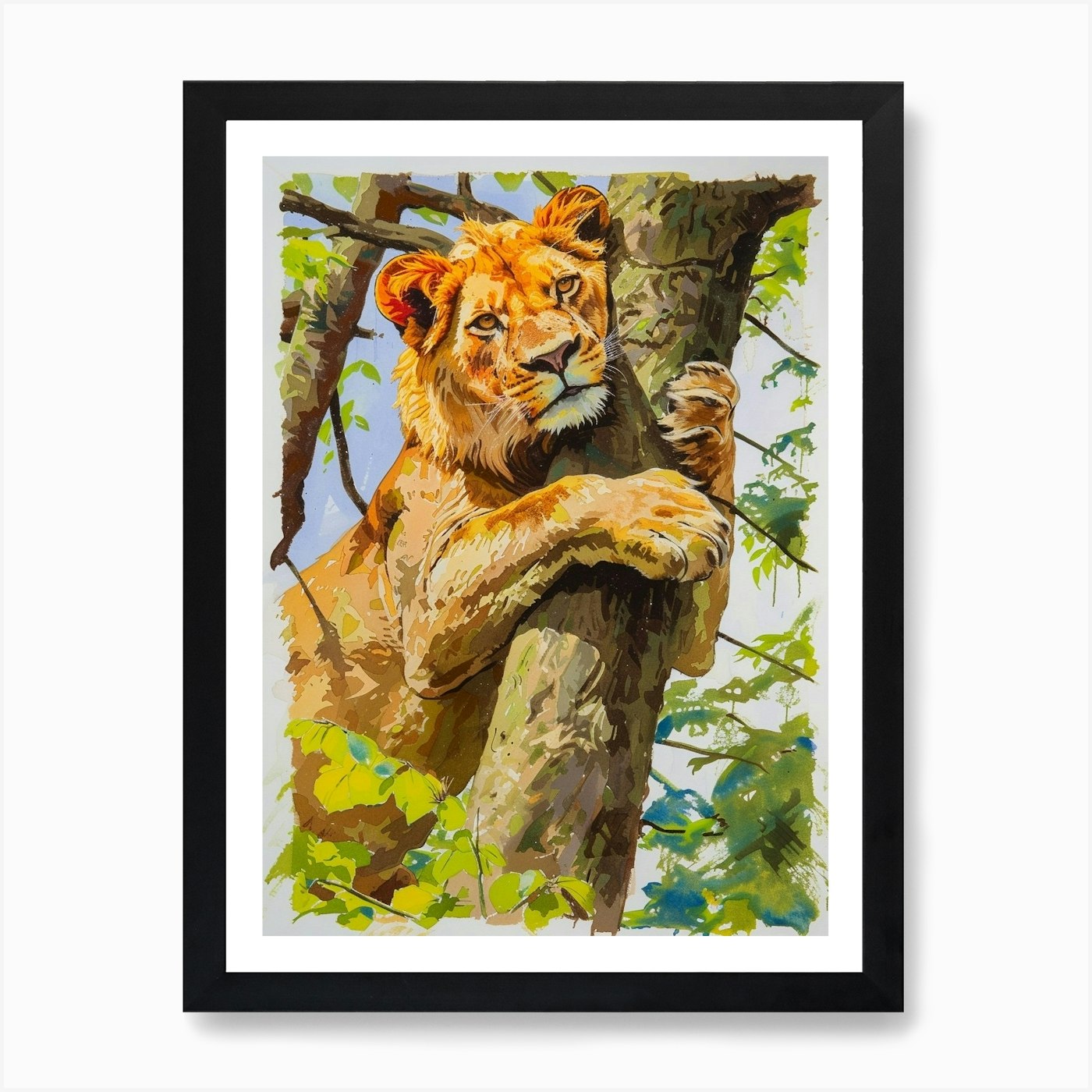 Asiatic Lion Climbing A Tree Fauvis Framed Wall Art Poster Canvas Print Picture