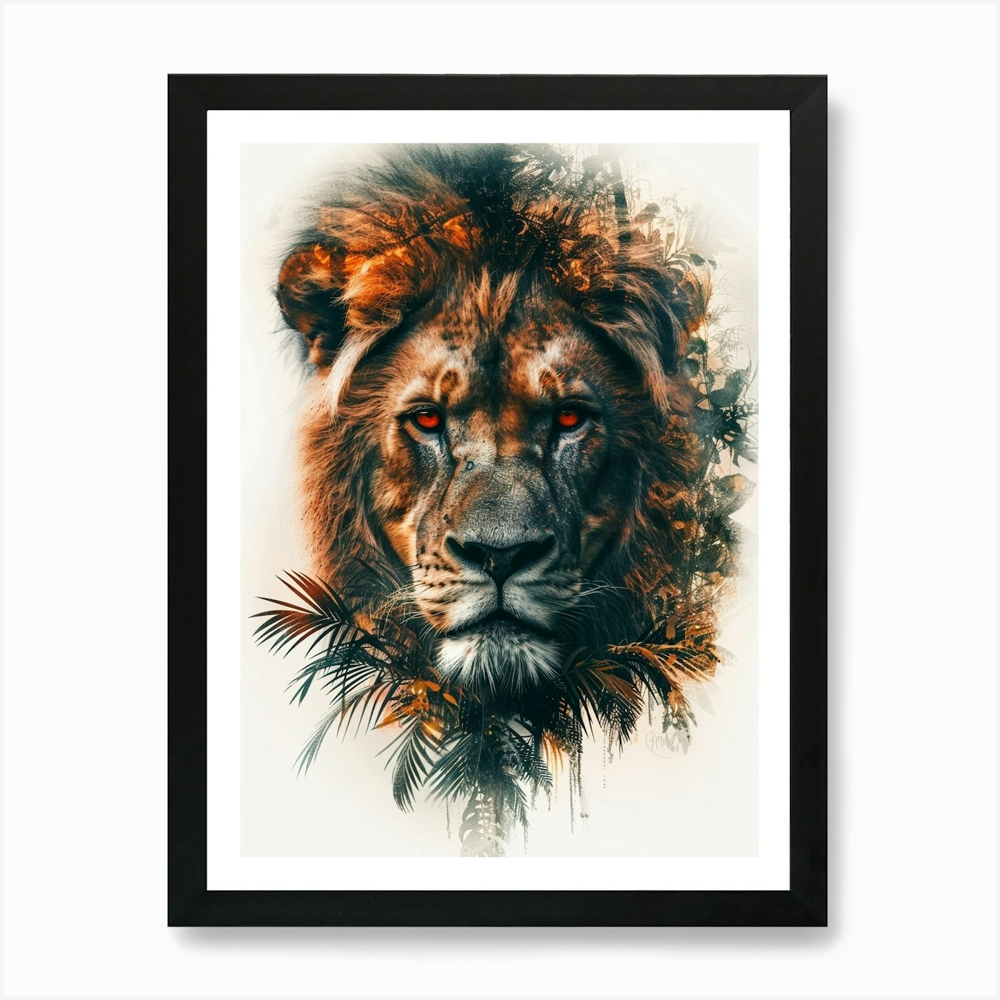 Double Exposure Realistic Lion With Framed Wall Art Poster Canvas Print Picture