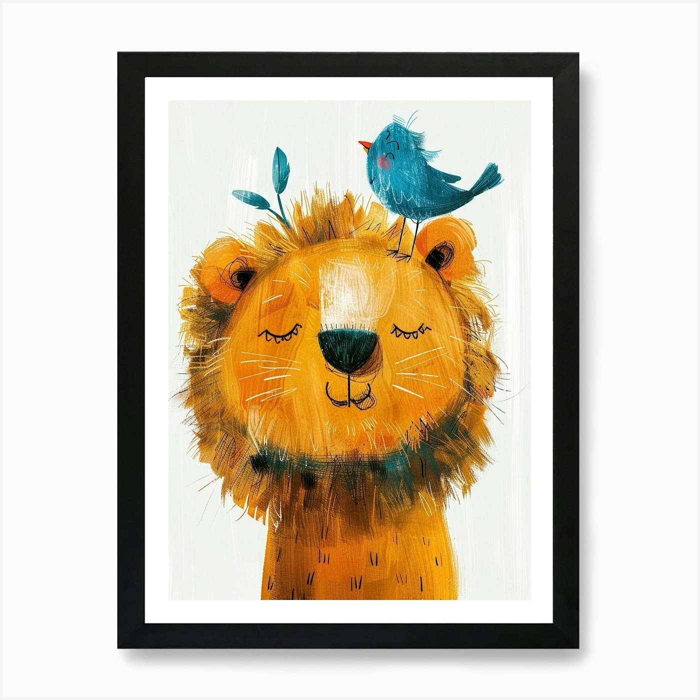 Small Joyful Lion With A Bird On It Framed Wall Art Poster Canvas Print Picture