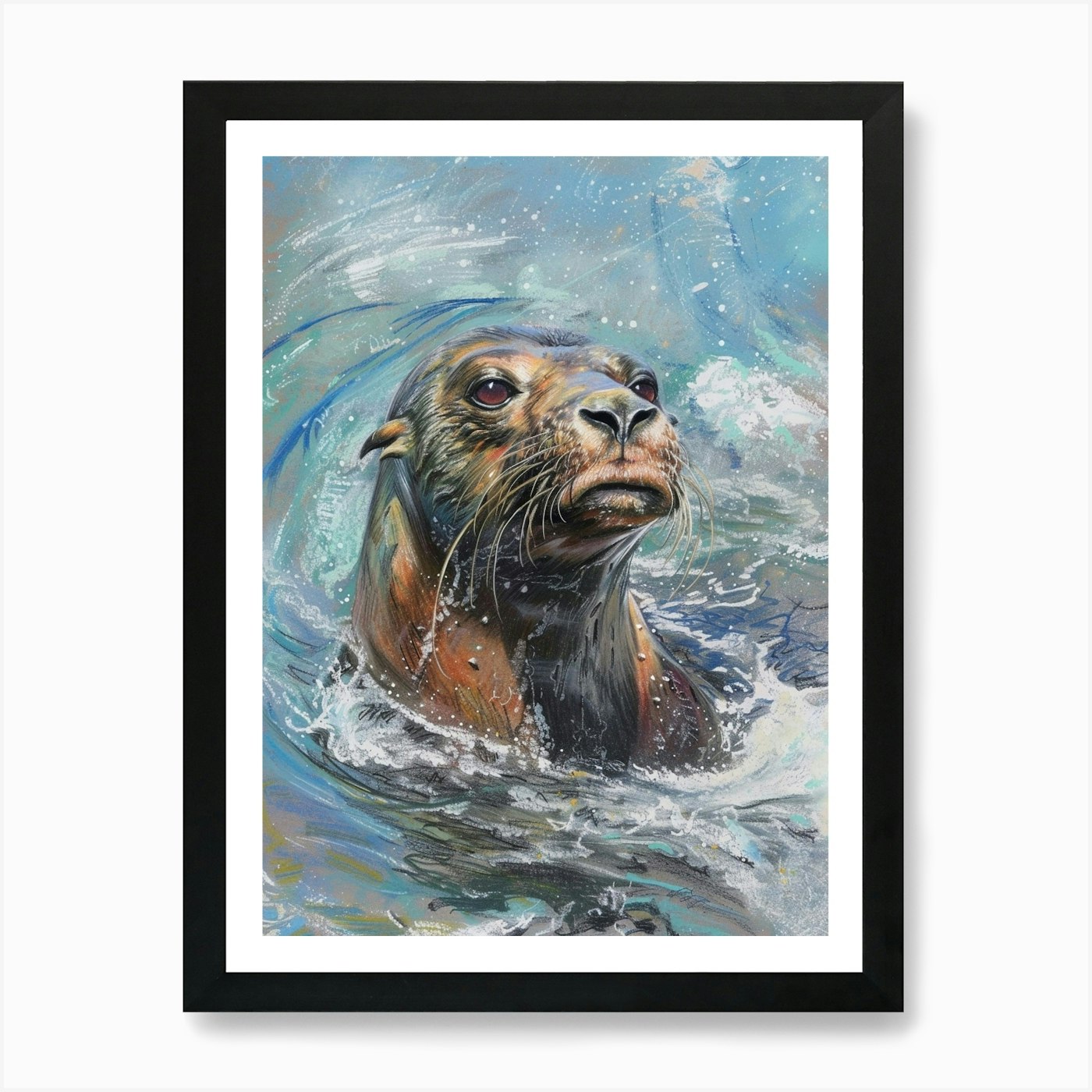 Sea Lion Pastel Watercolour 2 Art P Framed Wall Art Poster Canvas Print Picture