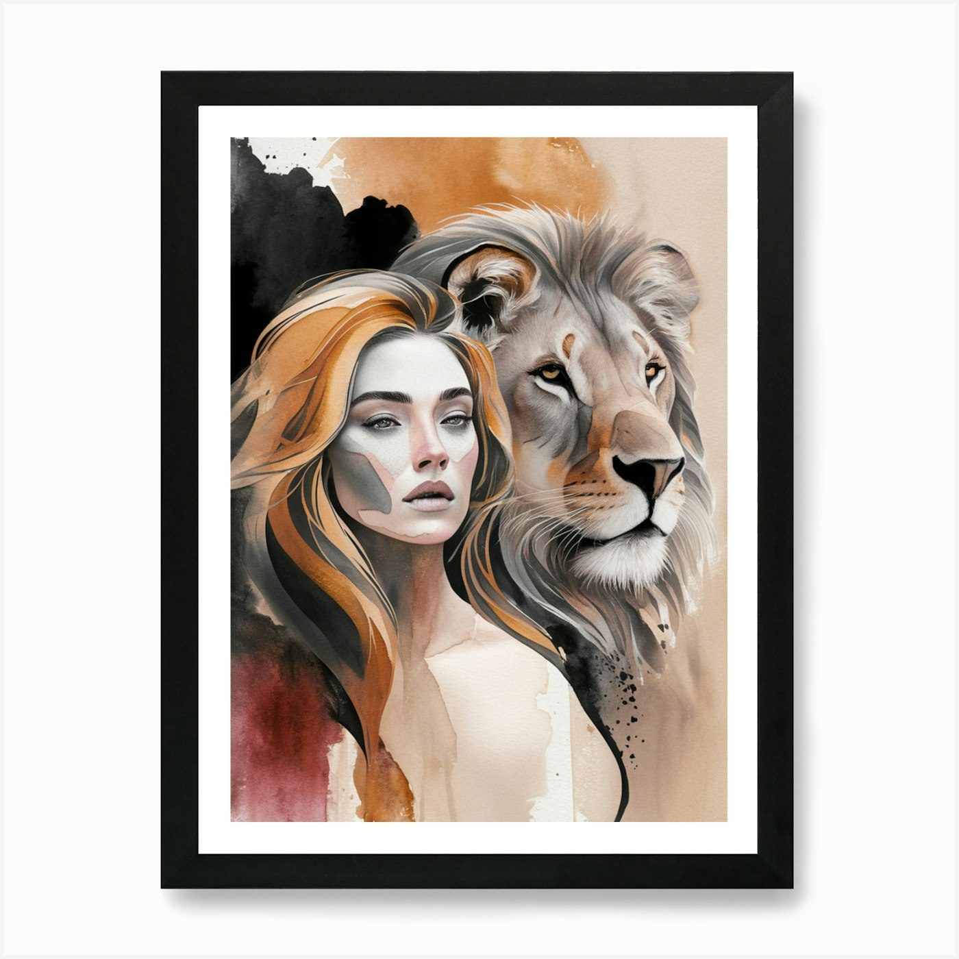 Lion And Woman Art Print Framed Wall Art Poster Canvas Print Picture