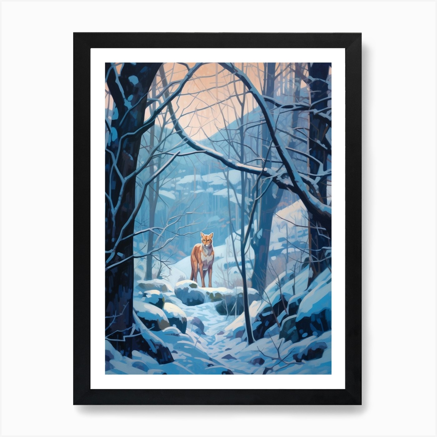 Winter Mountain Lion 1 Illustration Framed Wall Art Poster Canvas Print Picture