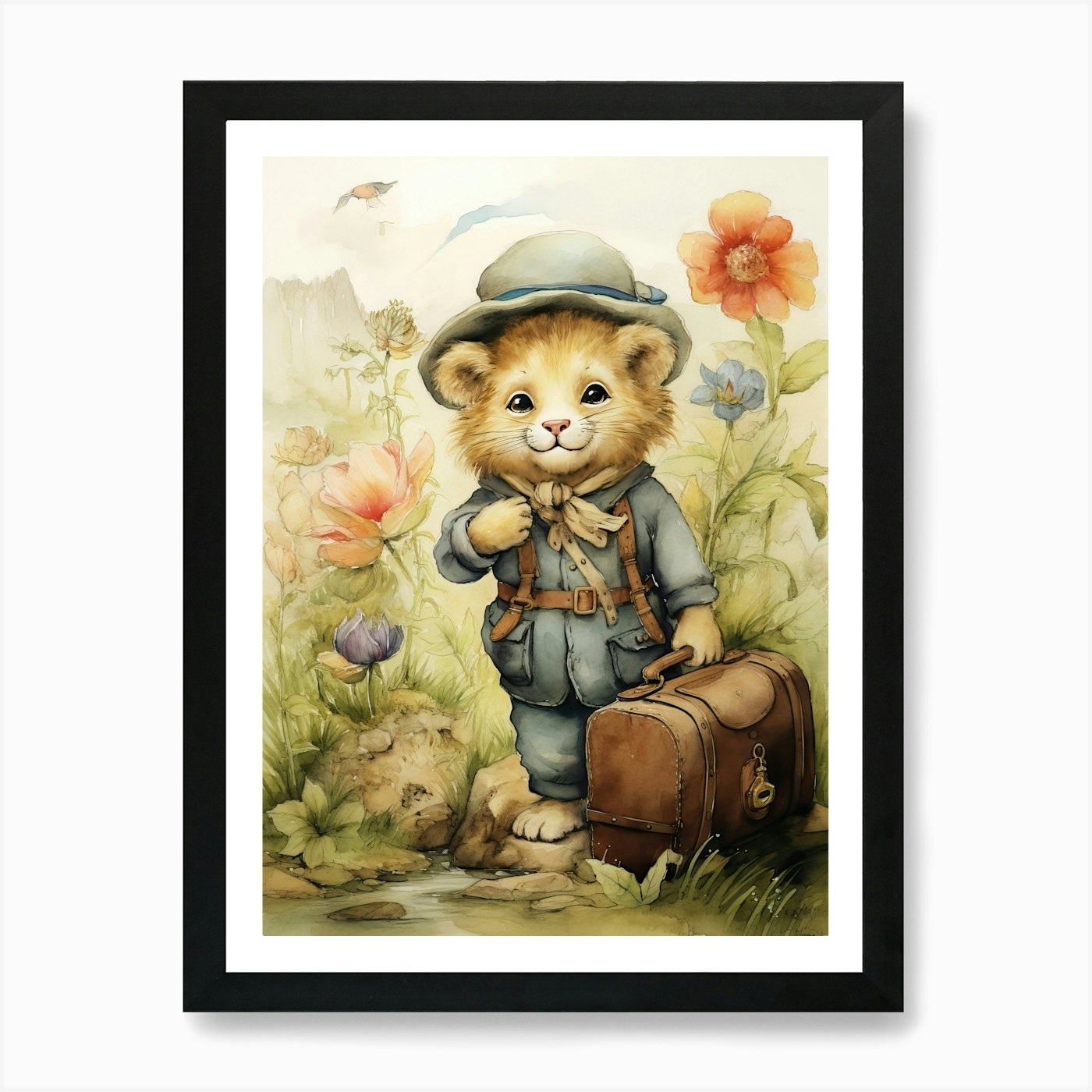 Traveling Watercolour Lion Art Pain Framed Wall Art Poster Canvas Print Picture