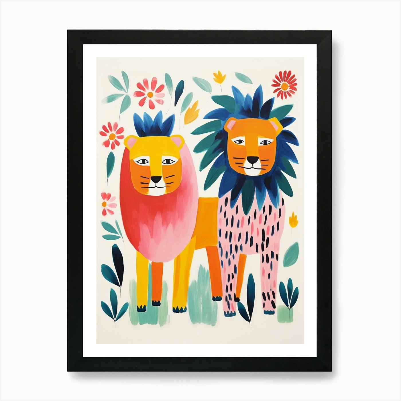 Colourful Kids Animal Art Lion 11 A Framed Wall Art Poster Canvas Print Picture