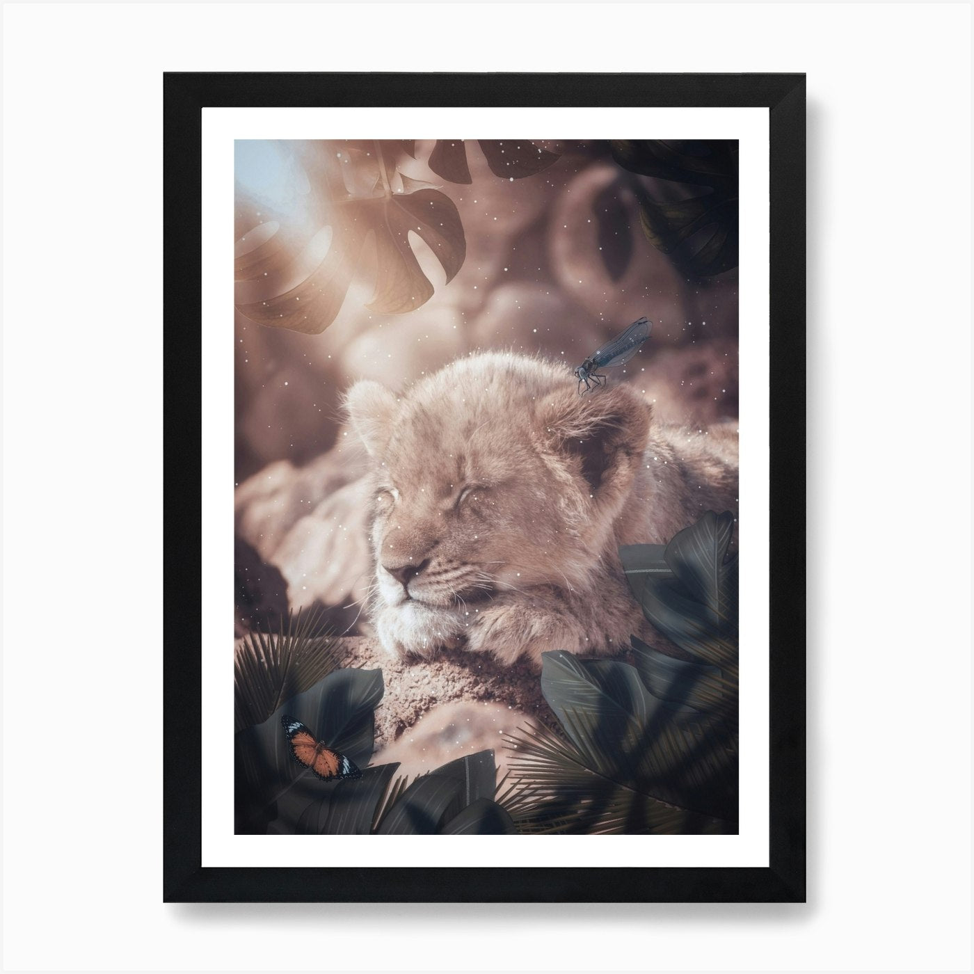 Baby Lion Sleeping In The Jungle Ar Framed Wall Art Poster Canvas Print Picture
