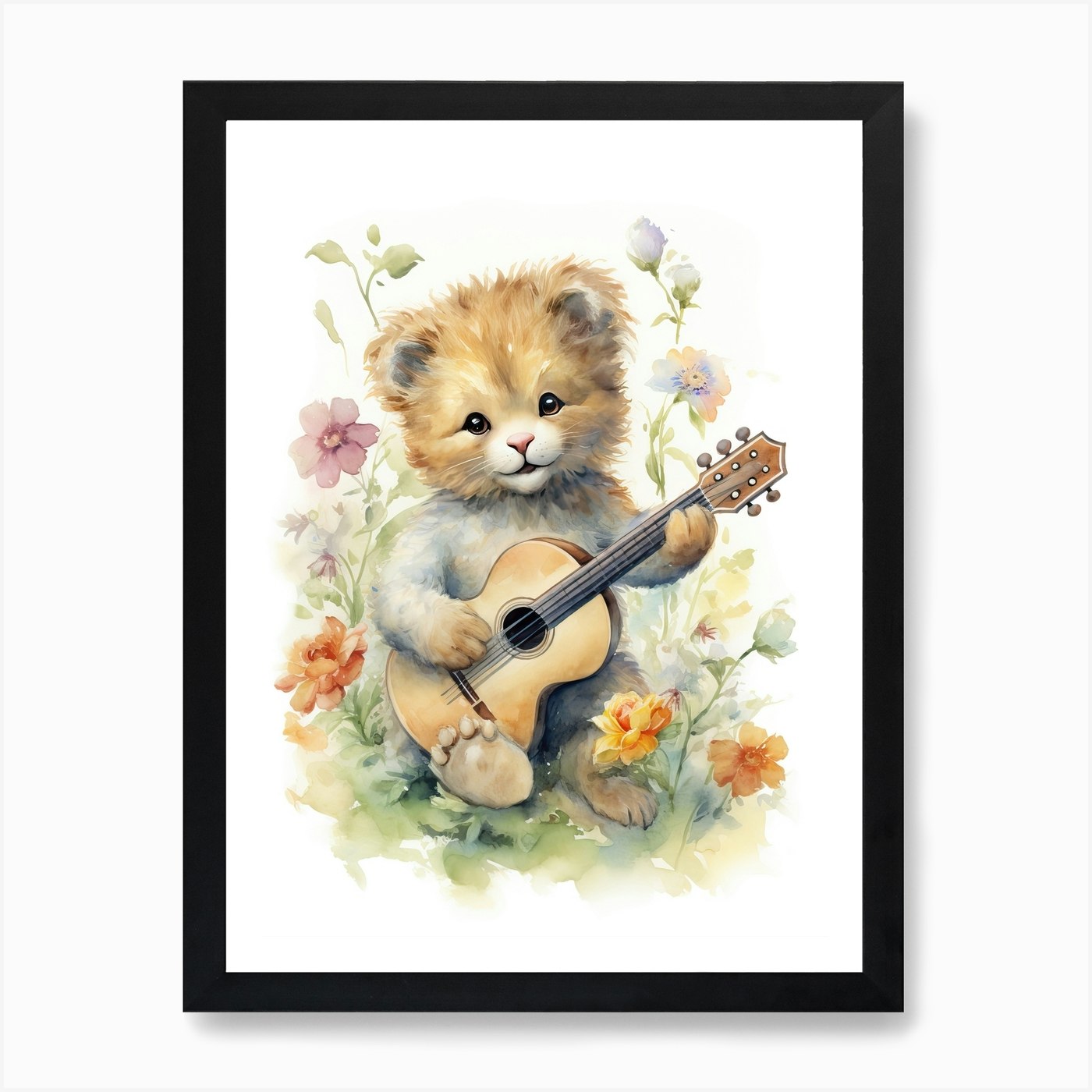 Playing Music Watercolour Lion Art Framed Wall Art Poster Canvas Print Picture