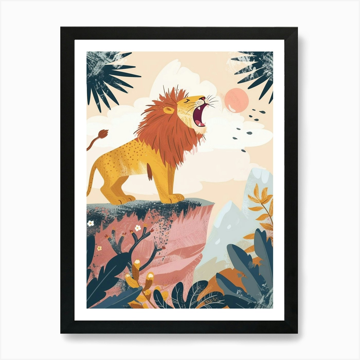 African Lion Roaring On A Cliff Ill Framed Wall Art Poster Canvas Print Picture