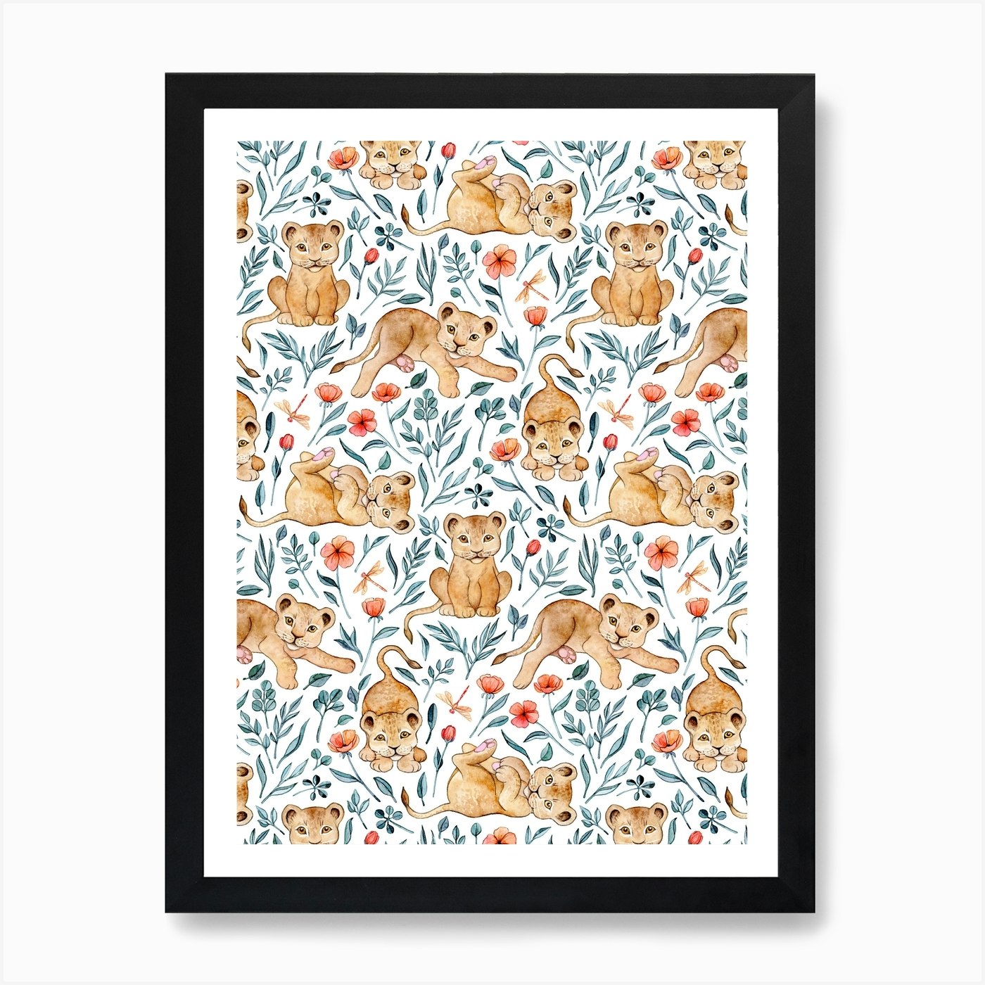 Little Lion Cubs And Flowers In Wat Framed Wall Art Poster Canvas Print Picture