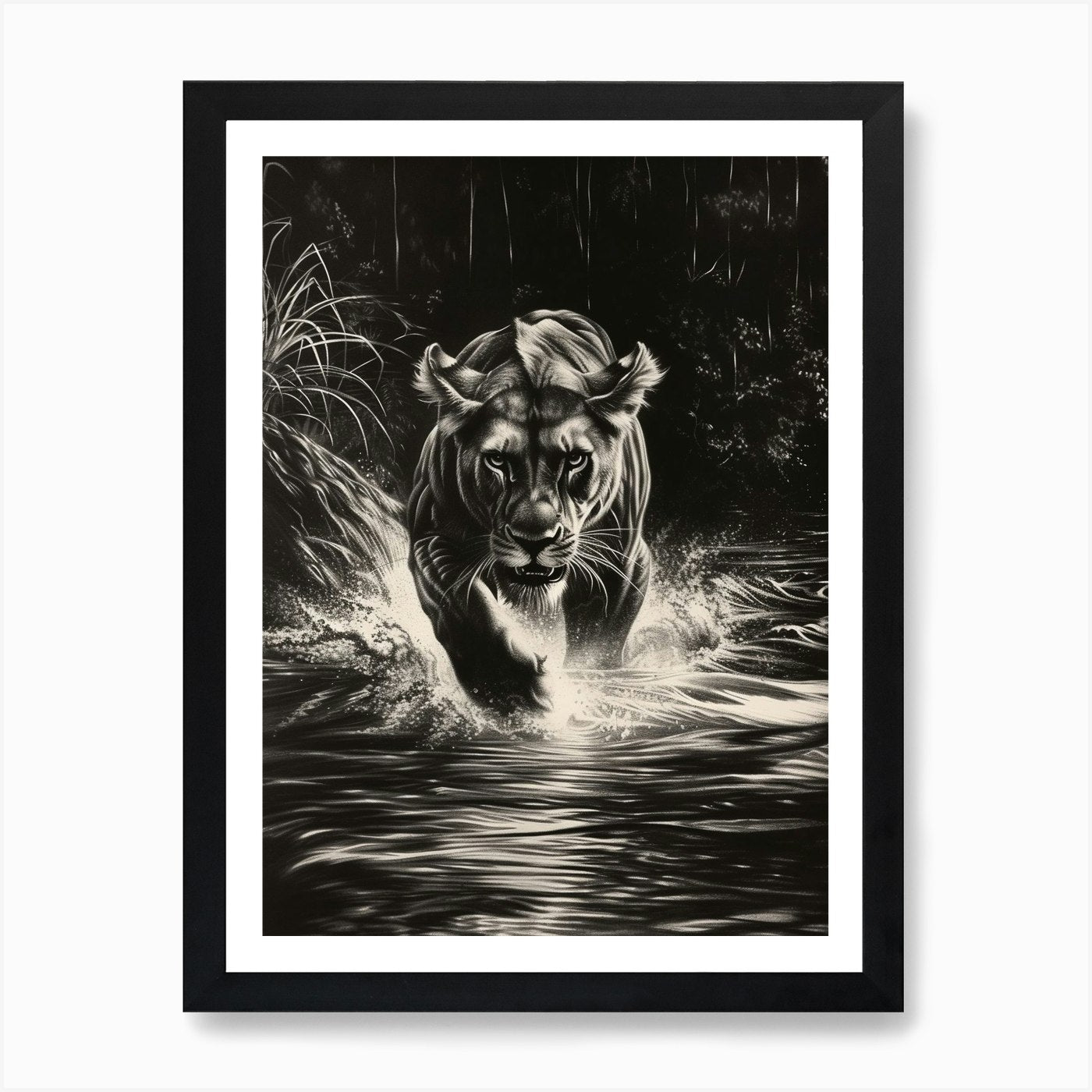 African Lion Charcoal Drawing Cross Framed Wall Art Poster Canvas Print Picture