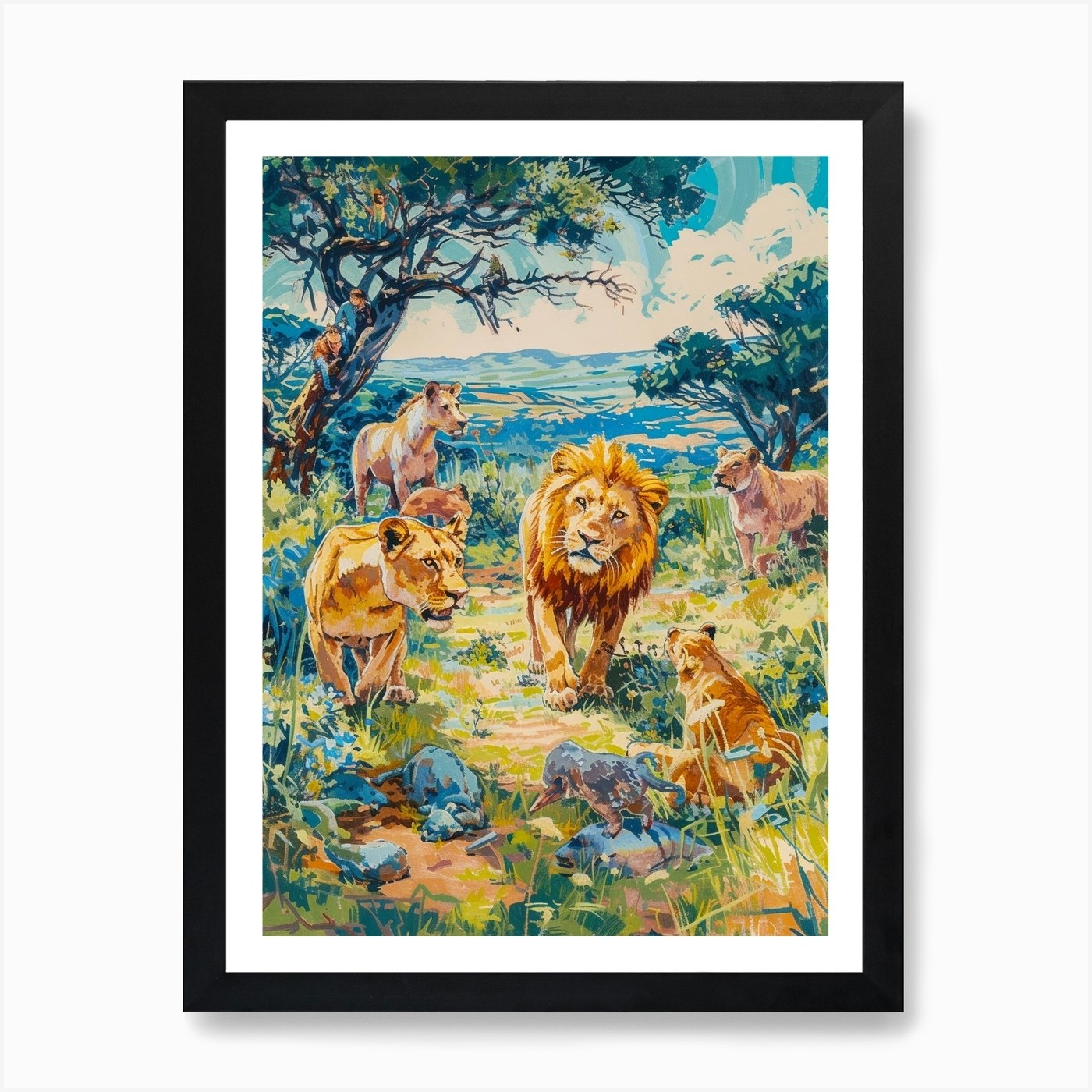 Southwest African Lion Interaction Framed Wall Art Poster Canvas Print Picture