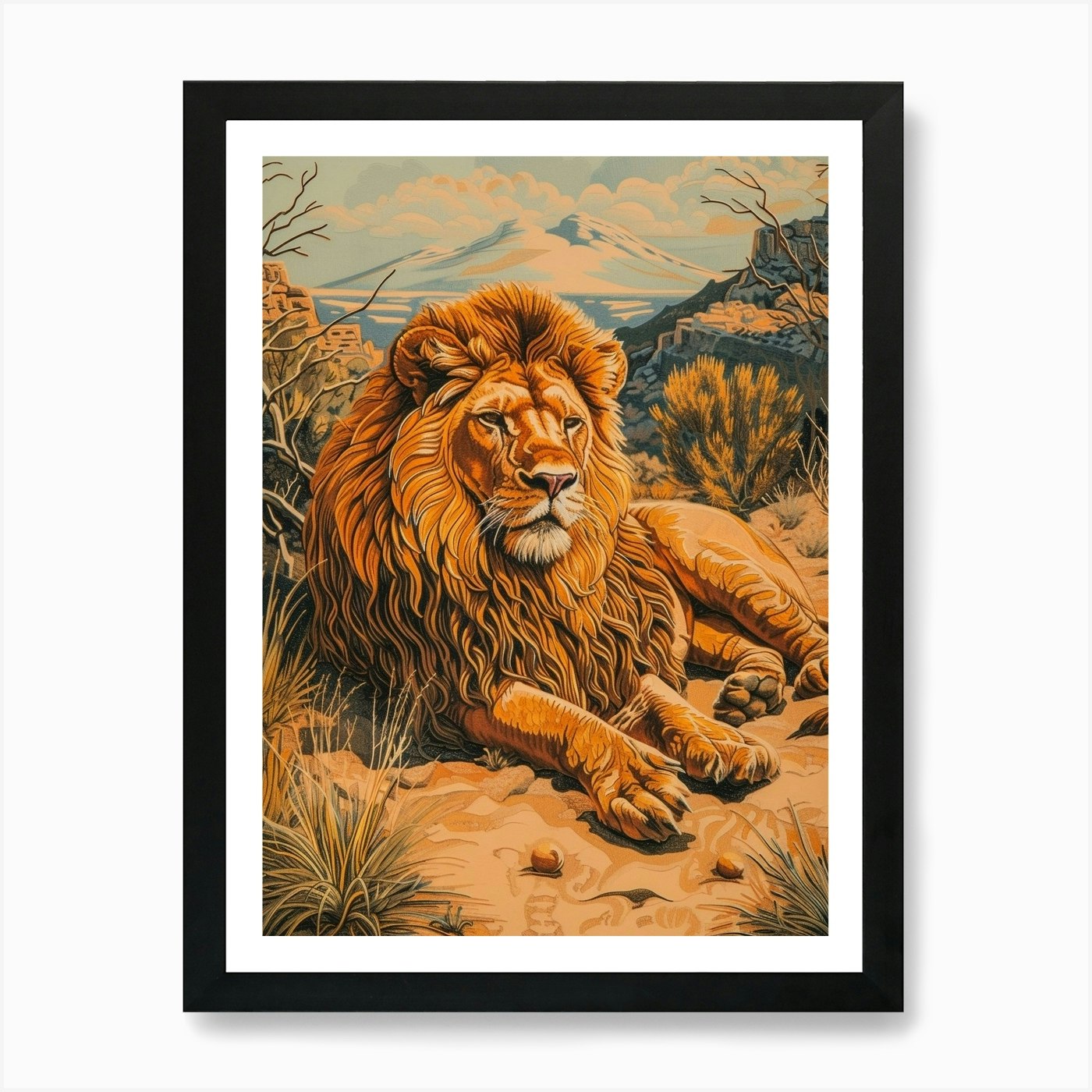 Barbary Lion Relief Illustration Ma Framed Wall Art Poster Canvas Print Picture