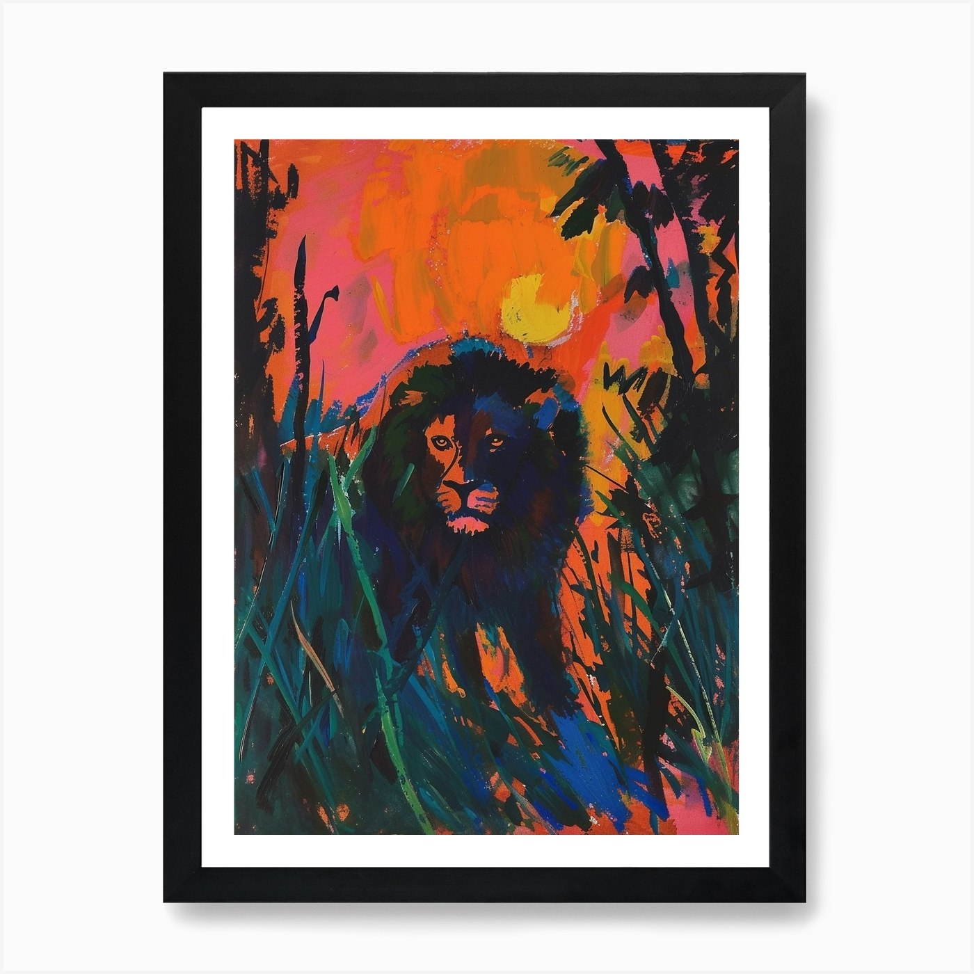 Transvaal Lion Night Hunt Fauvist P Framed Wall Art Poster Canvas Print Picture