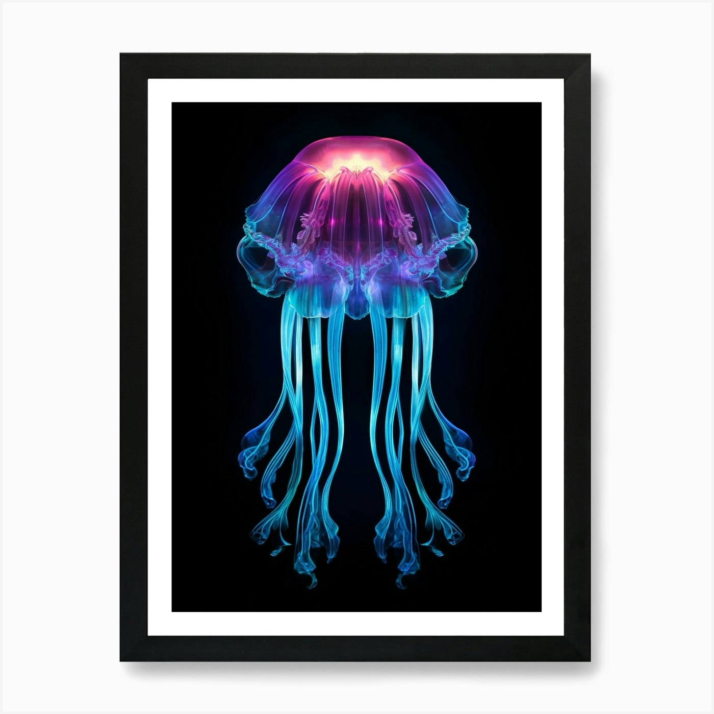 Lions Mane Jellyfish Neon Illustrat Framed Wall Art Poster Canvas Print Picture