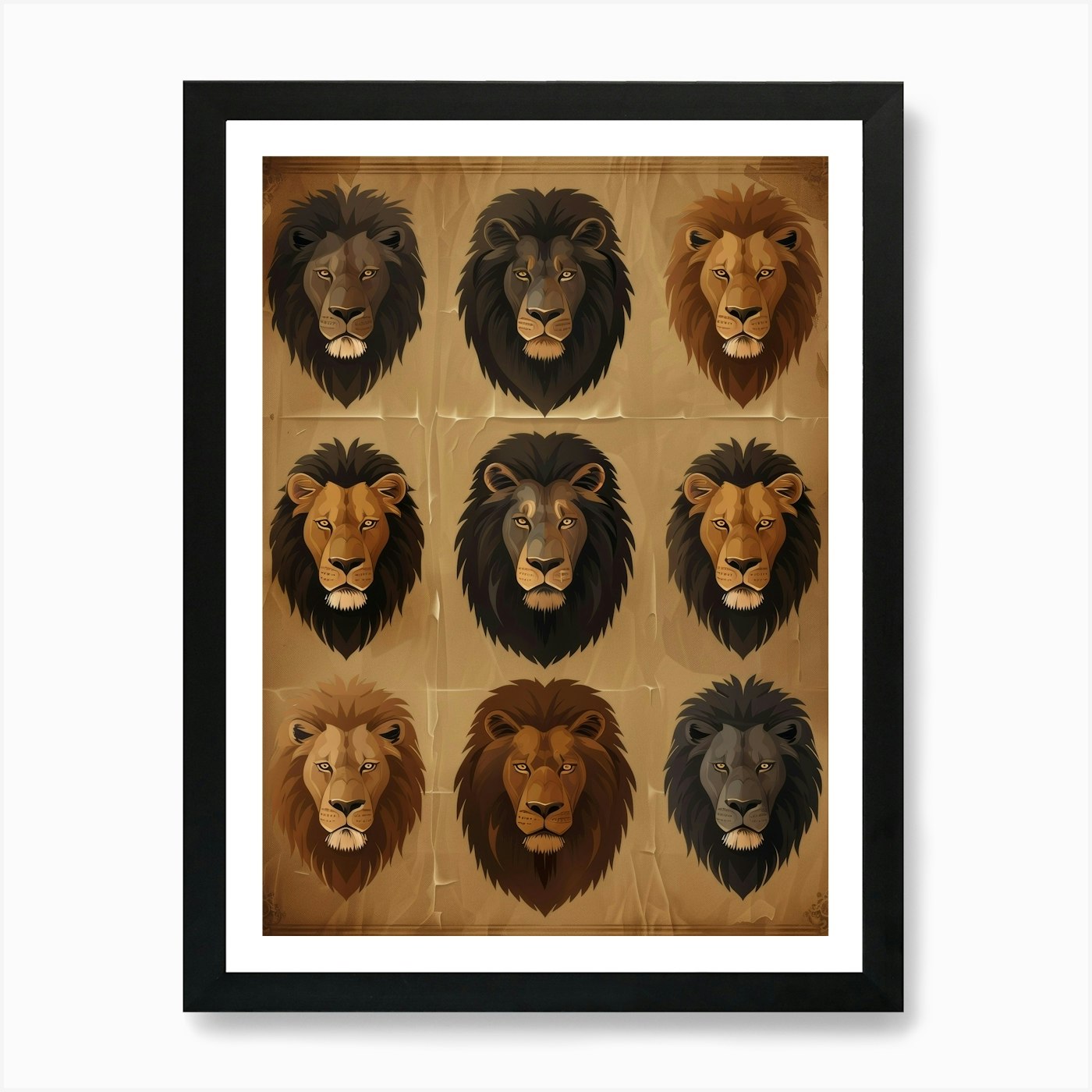 Set Of Lion Heads Vector Art Print Framed Wall Art Poster Canvas Print Picture